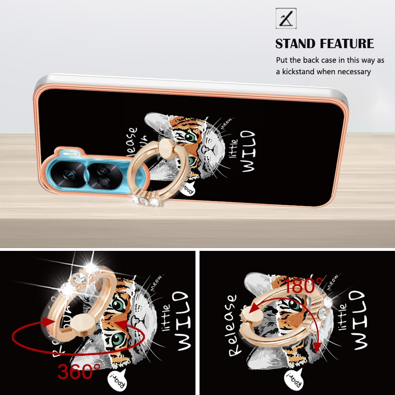 Handyhülle mit Tiger-Design, Ringhalter. Illustrationen zeigen die Funktionen der Hülle.