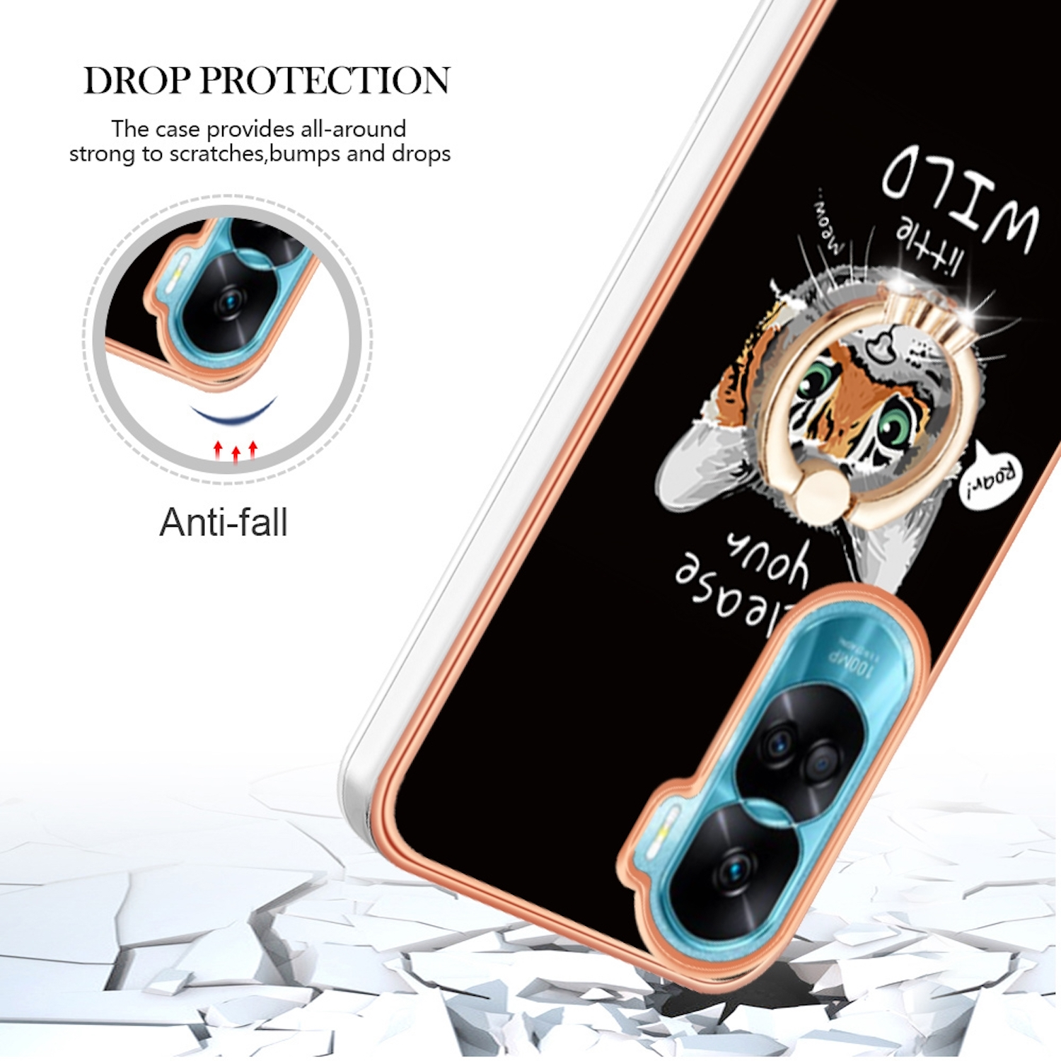 Eine Handyhülle mit Tiger-Design und Ringhalter wird gezeigt. Die Handyhülle befindet sich vor einem rissigen Boden.