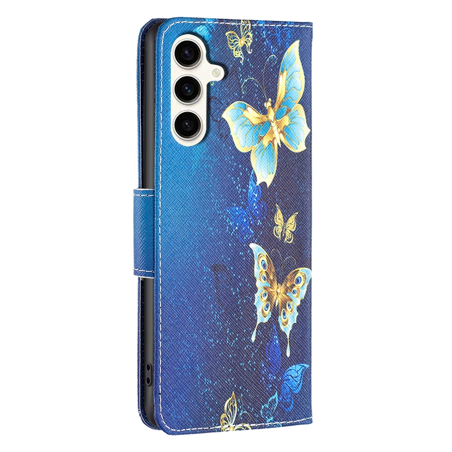 Blaue Handyhülle mit Schmetterlingsdesign. Offen, mit Telefon darin. Schmetterlinge in Gold und Blau.