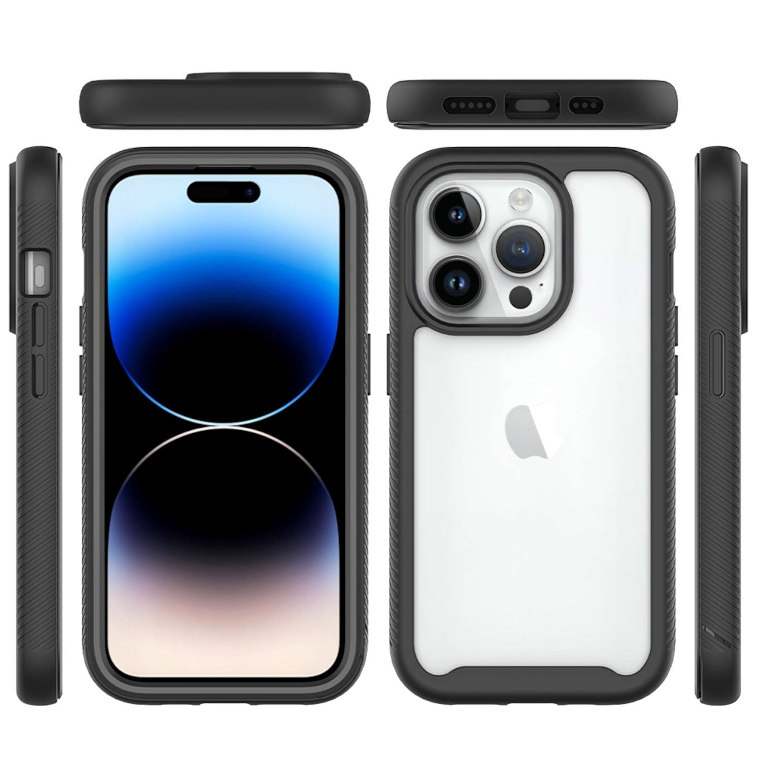 Una funda negra para teléfono con parte trasera transparente y bordes protectores, múltiples vistas.