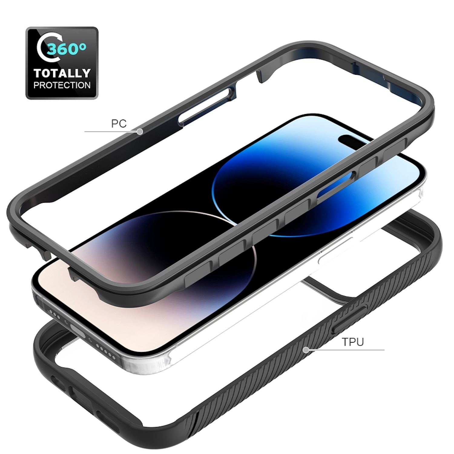 Funda de teléfono en capas. Un marco negro, una cubierta transparente y el teléfono.