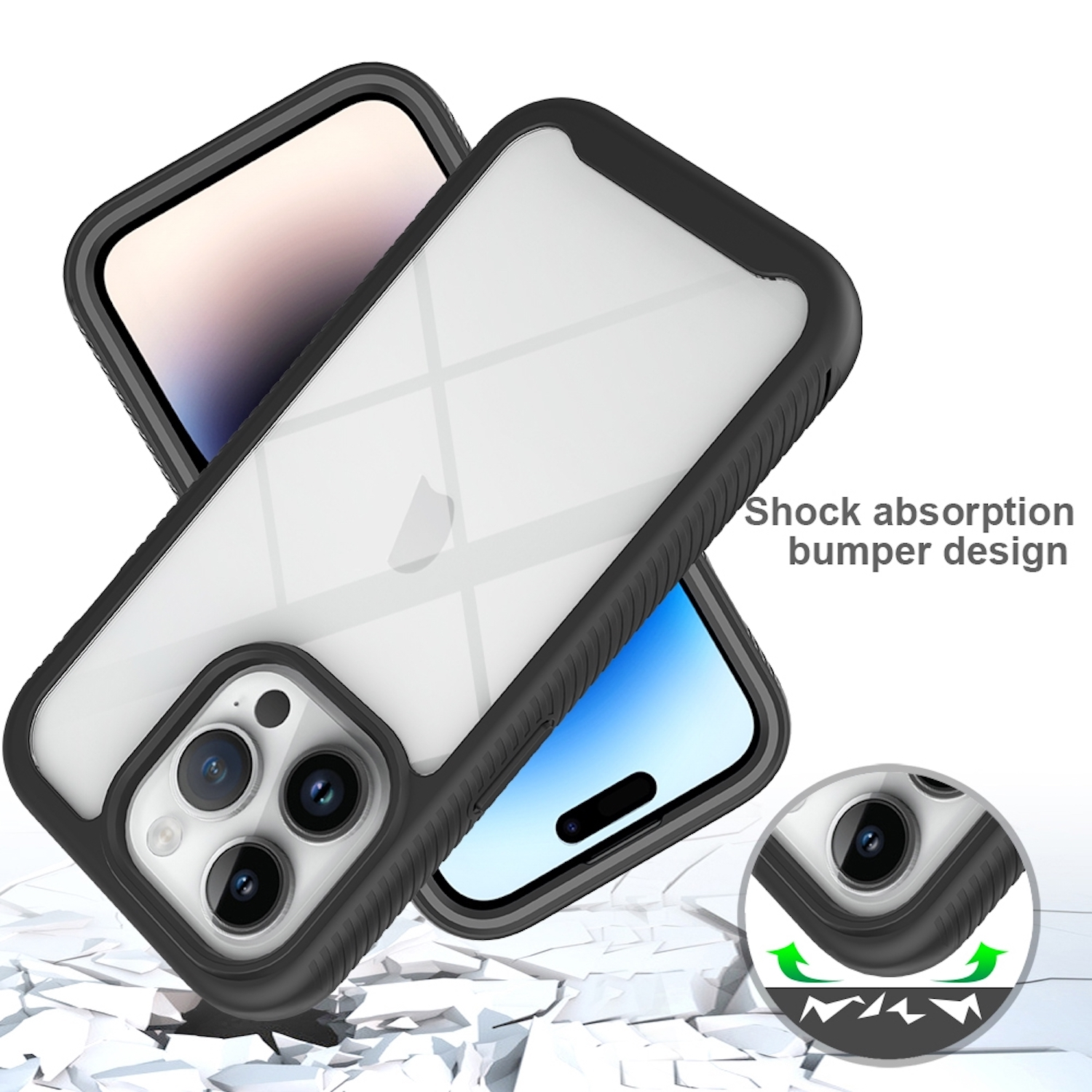 Funda transparente para teléfono con diseño de parachoques negro, mostrando características de absorción de impactos.