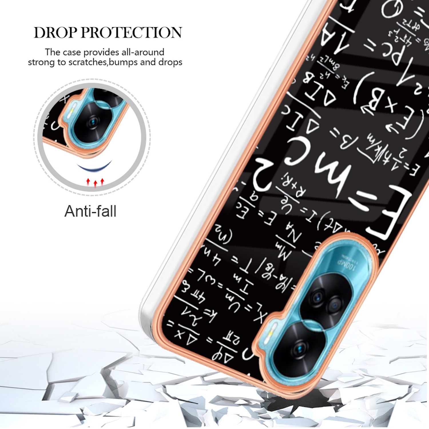 Eine Handyhülle mit einem schwarz-weißen Mathe-Design. Die Hülle schützt das Telefon.