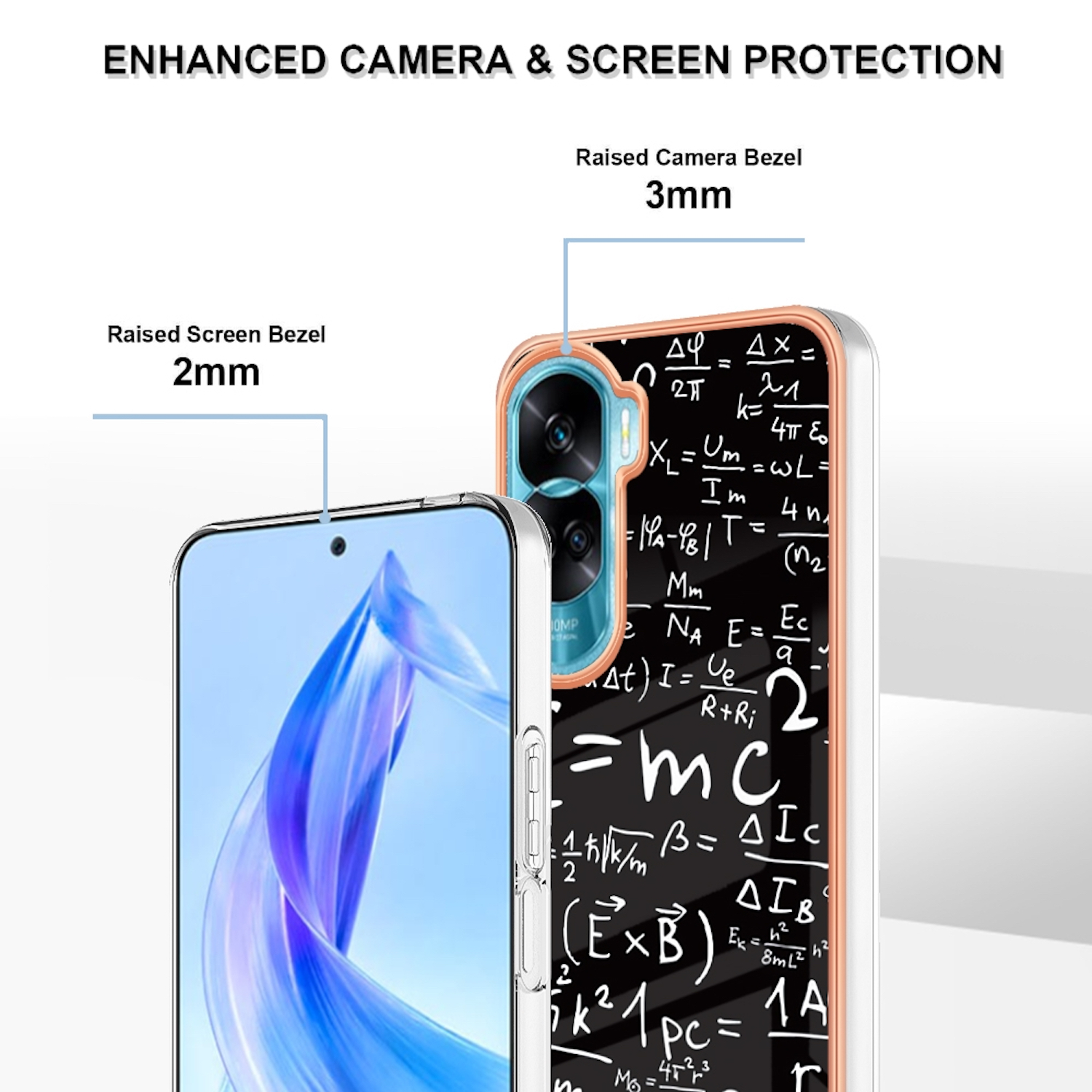 Ein Telefon in einer transparenten Hülle mit mathematischem Formeldesign. Die Hülle hat erhöhte Blenden.