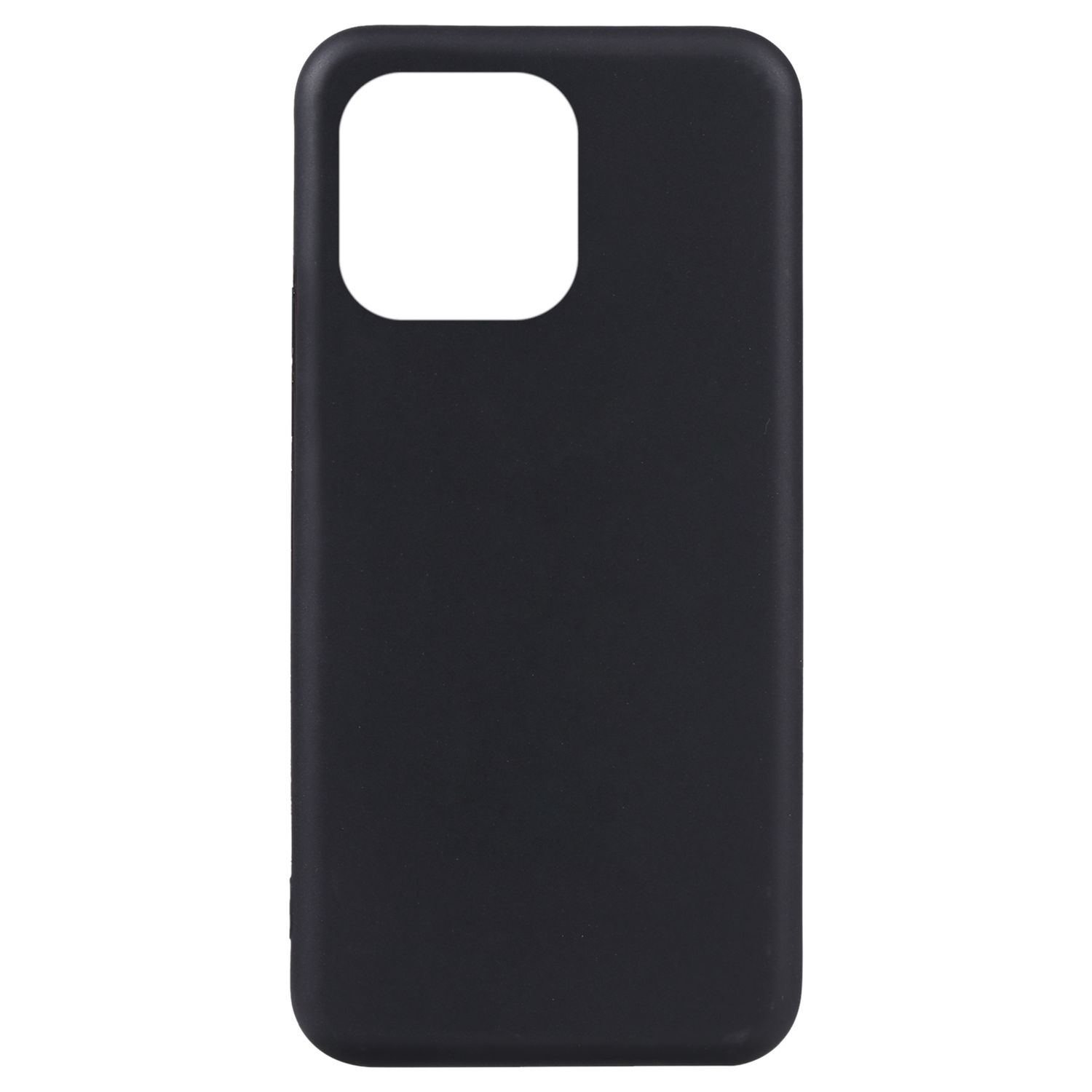 Eine schwarze Smartphone-Hülle mit einem Ausschnitt für die Kamera. Die Hülle ist schlicht und bedeckt die Rückseite des Telefons.