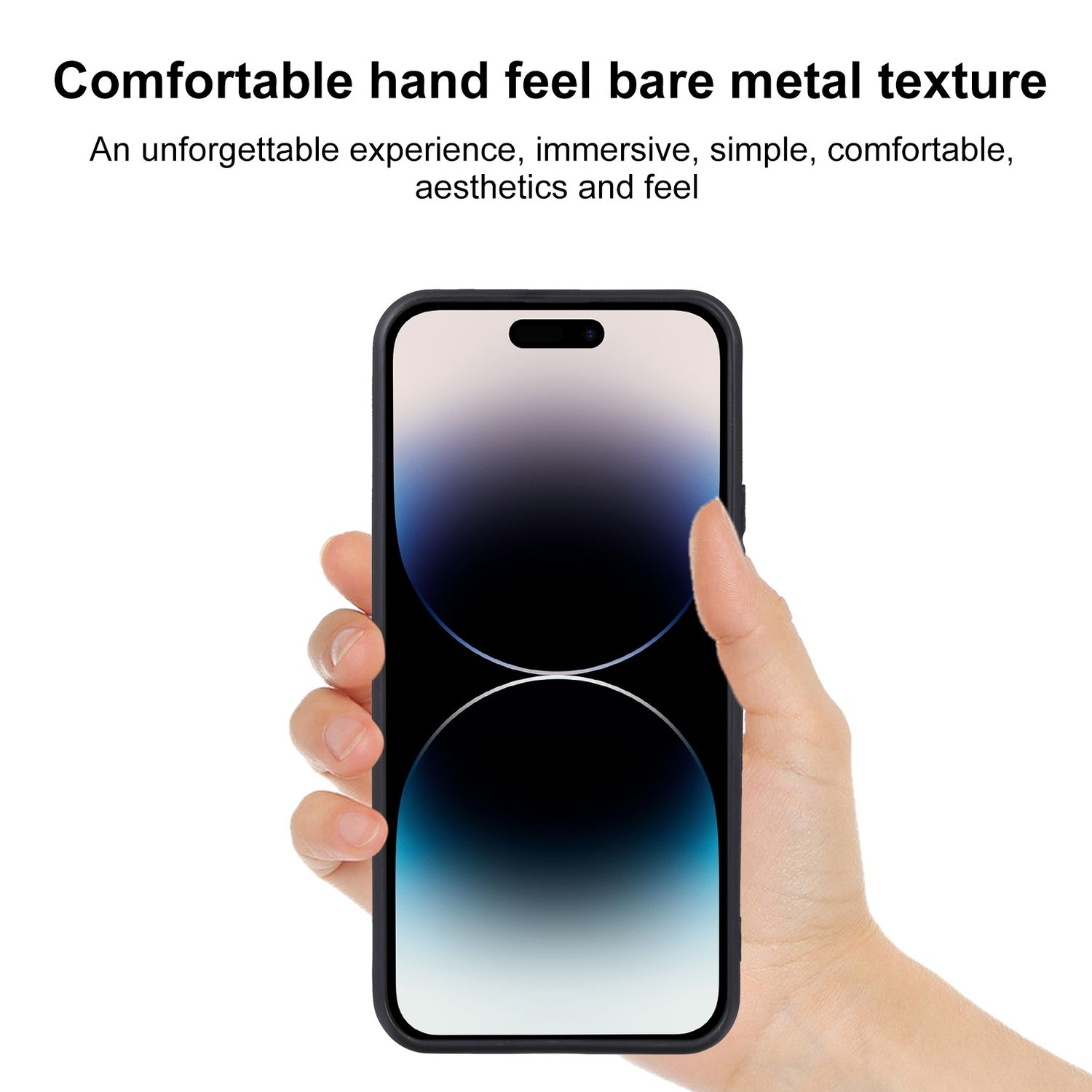 Eine Hand, die ein schwarzes Telefon mit weißem Bildschirm hält. Das Telefon ist in einer schwarzen Hülle.