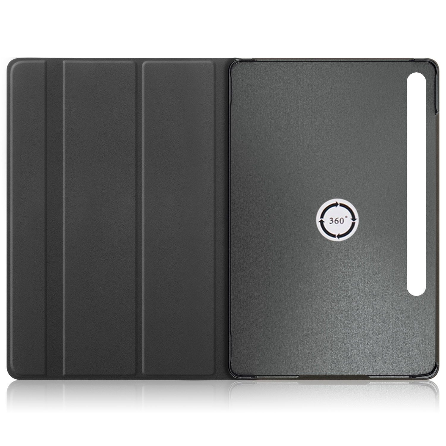 Schwarze Tablethülle, offen, zeigt die Innenseite und ein 360°-Symbol.