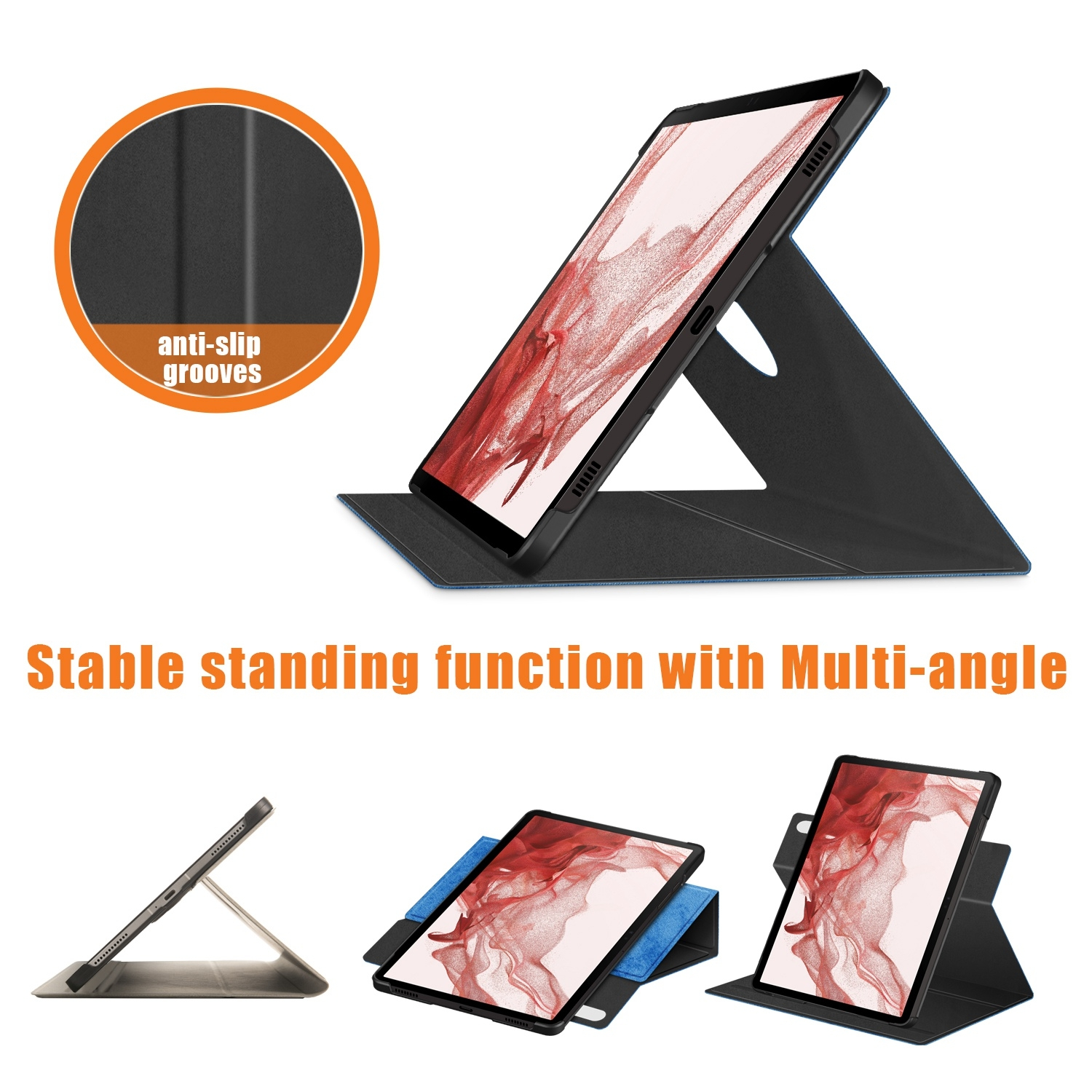 Tablet in einer Hülle, mit verschiedenen Aufstellwinkeln und Anti-Rutsch-Rillen sichtbar.