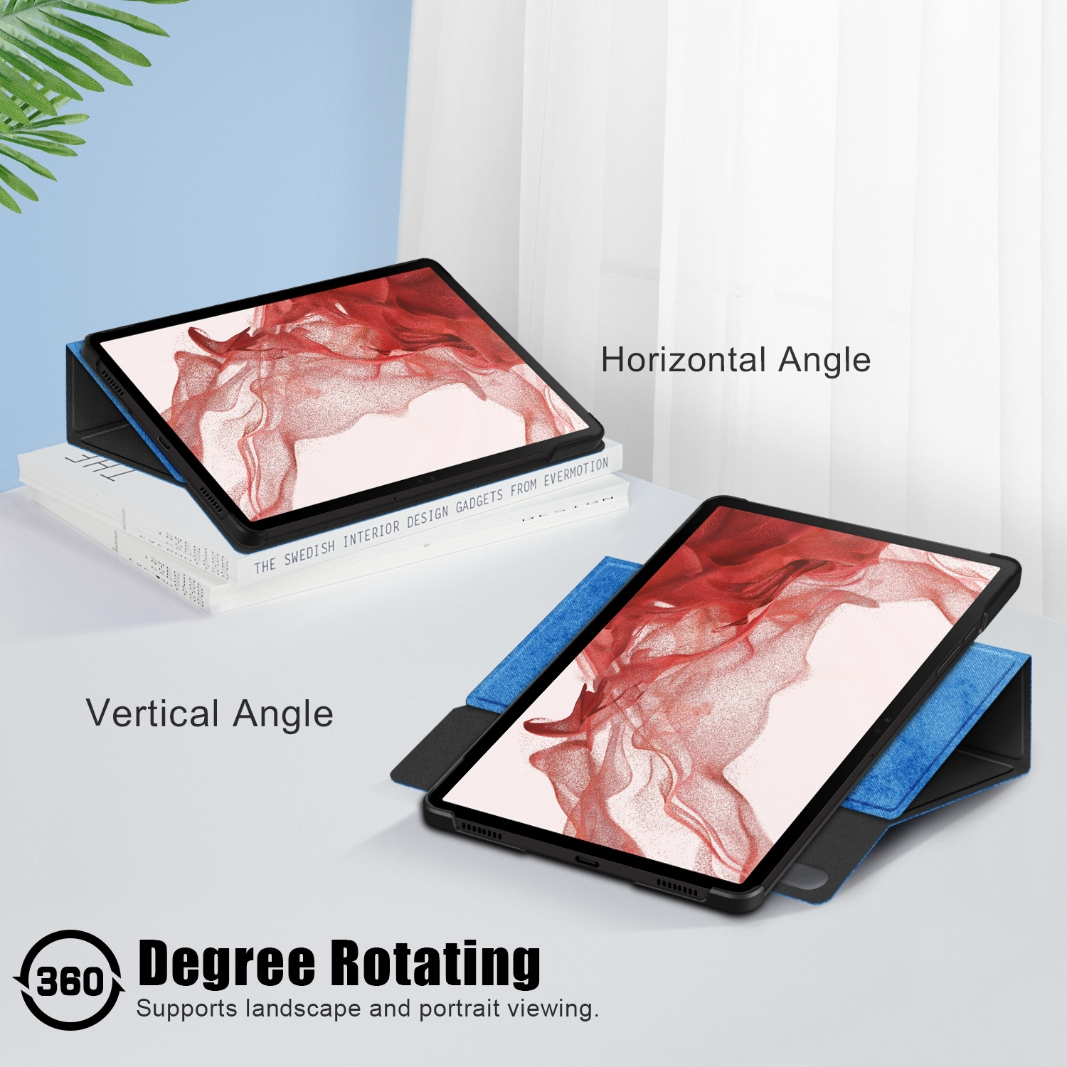 Tablets in einem Case, dargestellt in horizontalem und vertikalem Winkel, mit dem Text '360 Degree Rotating'.