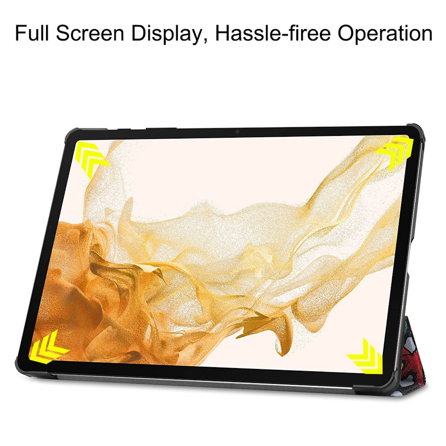 Tablet mit goldenem Hintergrundbild. Tablet in einer schwarzen Hülle. Pfeile zeigen die Ecken.
