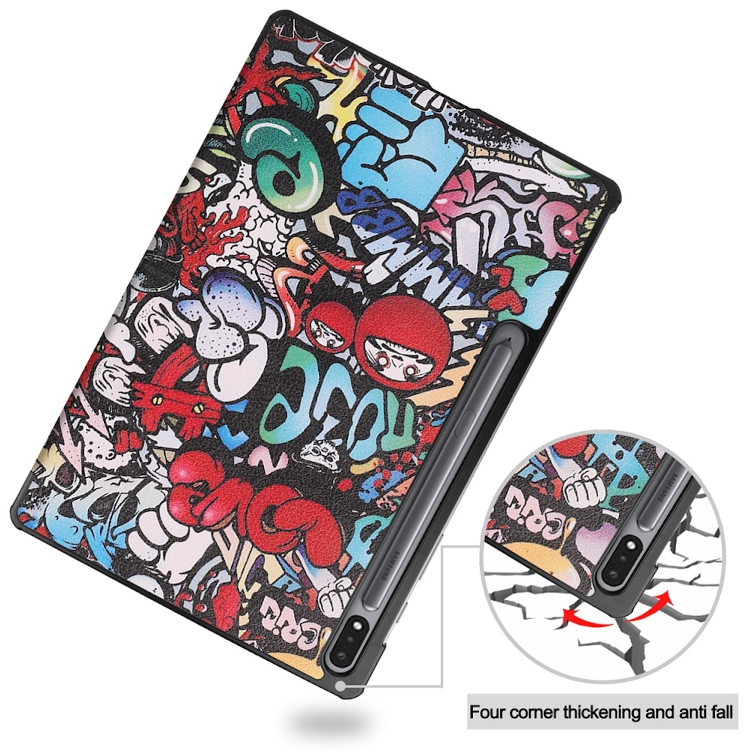 Tablet-Hülle mit Graffiti-Kunst. Ein Stift ist befestigt. Nahaufnahme zeigt Eckverstärkung.