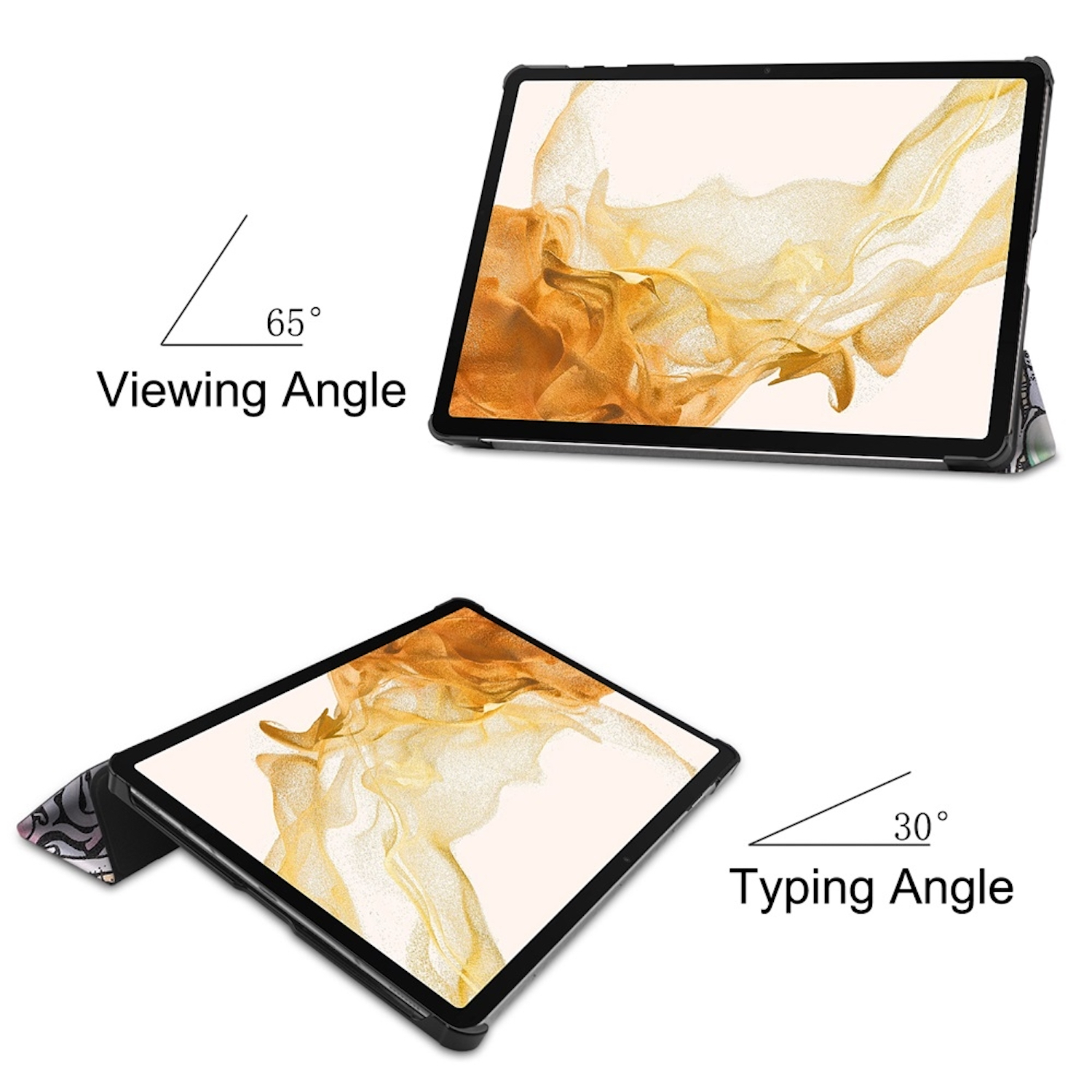 Ein Tablet in einem Gehäuse, gezeigt in 65° Betrachtungs- und 30° Tippwinkeln.