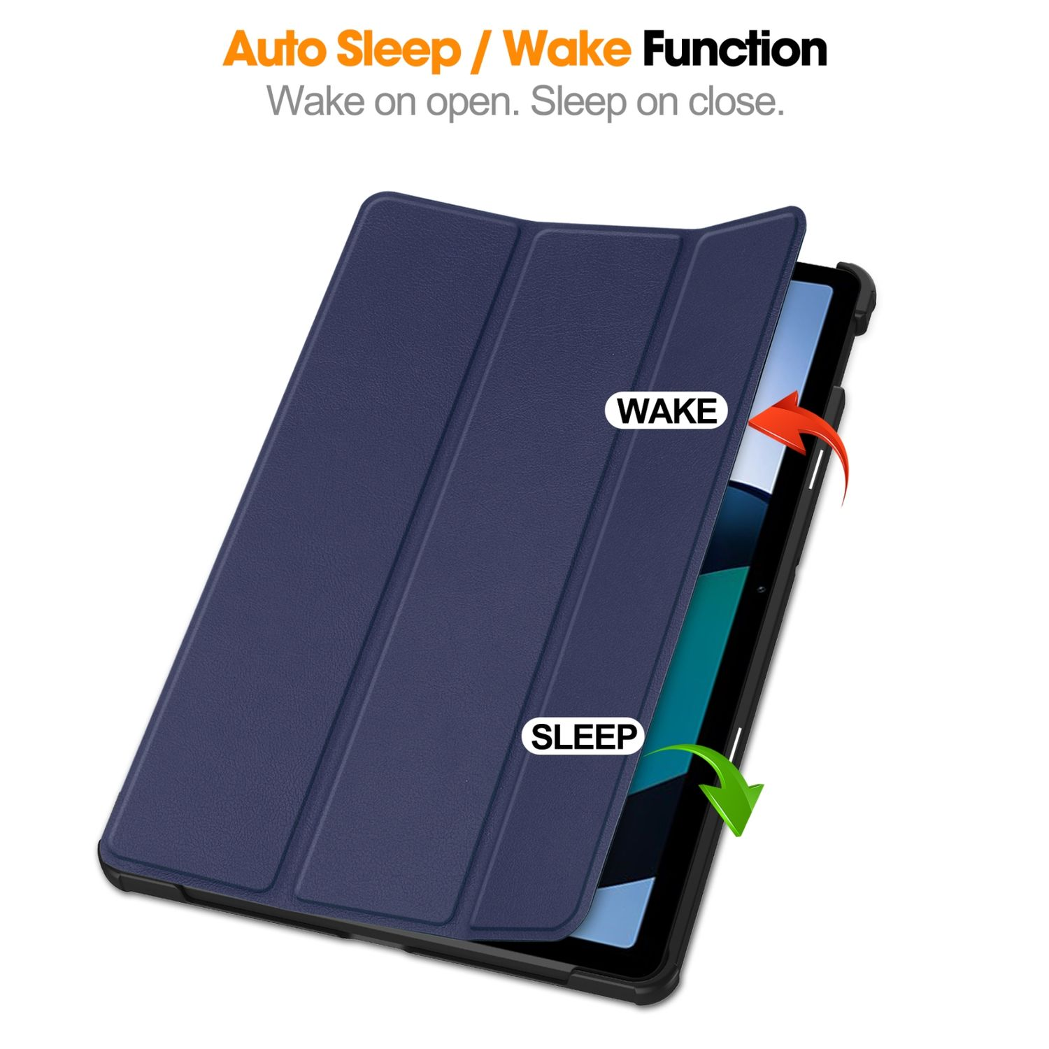 Eine blaue Tablethülle, geöffnet, um ein Tablet zu zeigen. Die Hülle hat einen Magnetverschluss, WAKE und SLEEP.