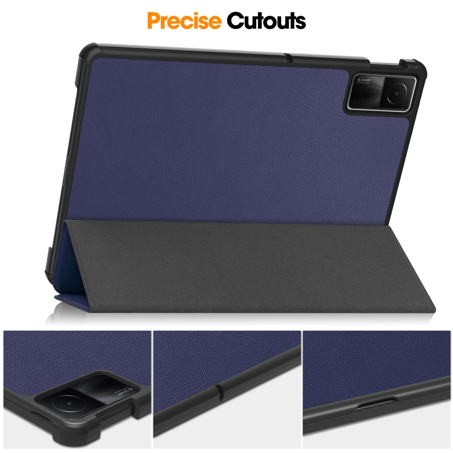 Tablethülle, marineblau mit schwarzen Akzenten. Die Hülle ist geöffnet und zeigt die Tabletansicht.