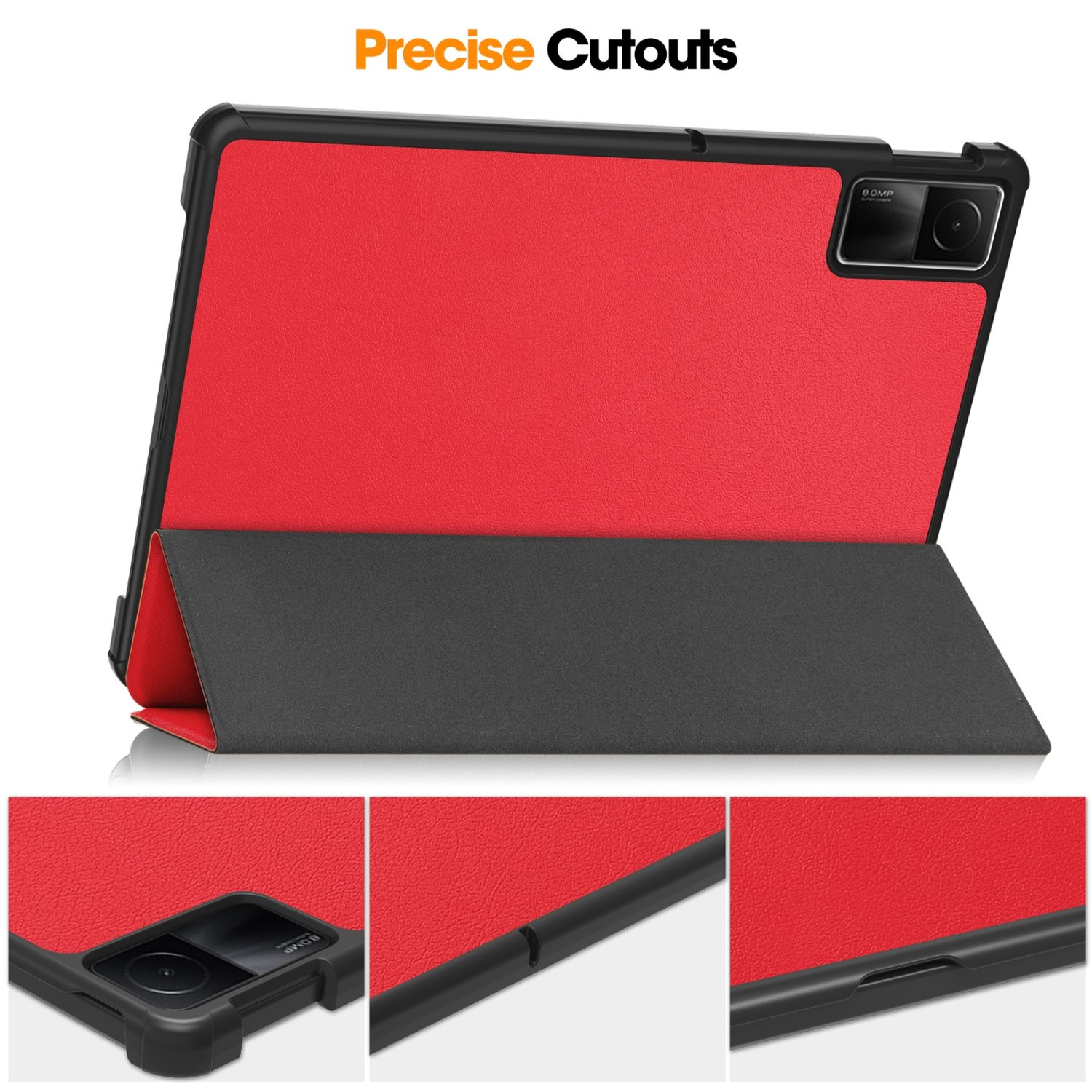 Tablet-Hülle mit roter Abdeckung und schwarzem Rahmen. Präzise Aussparungen und Stand-up-Design.