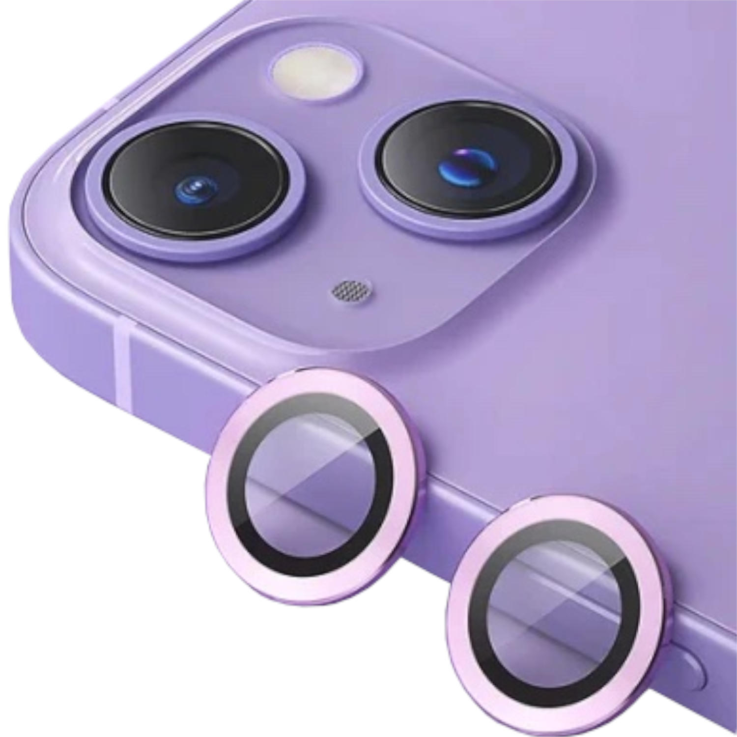 Telefono viola con protezioni per lenti. Sono visibili due protezioni per lenti.