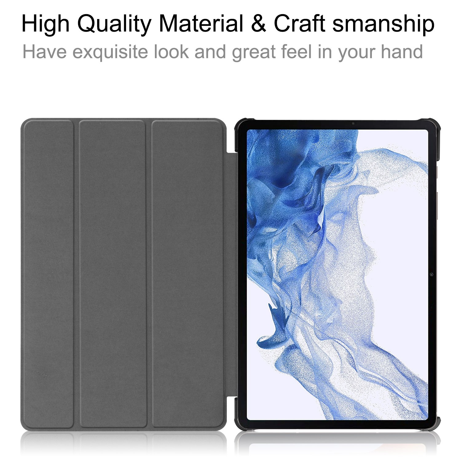 Tablet-Hülle, offen. Tablet ist innen. Dunkelgraues Gehäuse und Tablet mit blau-lila Hintergrund.