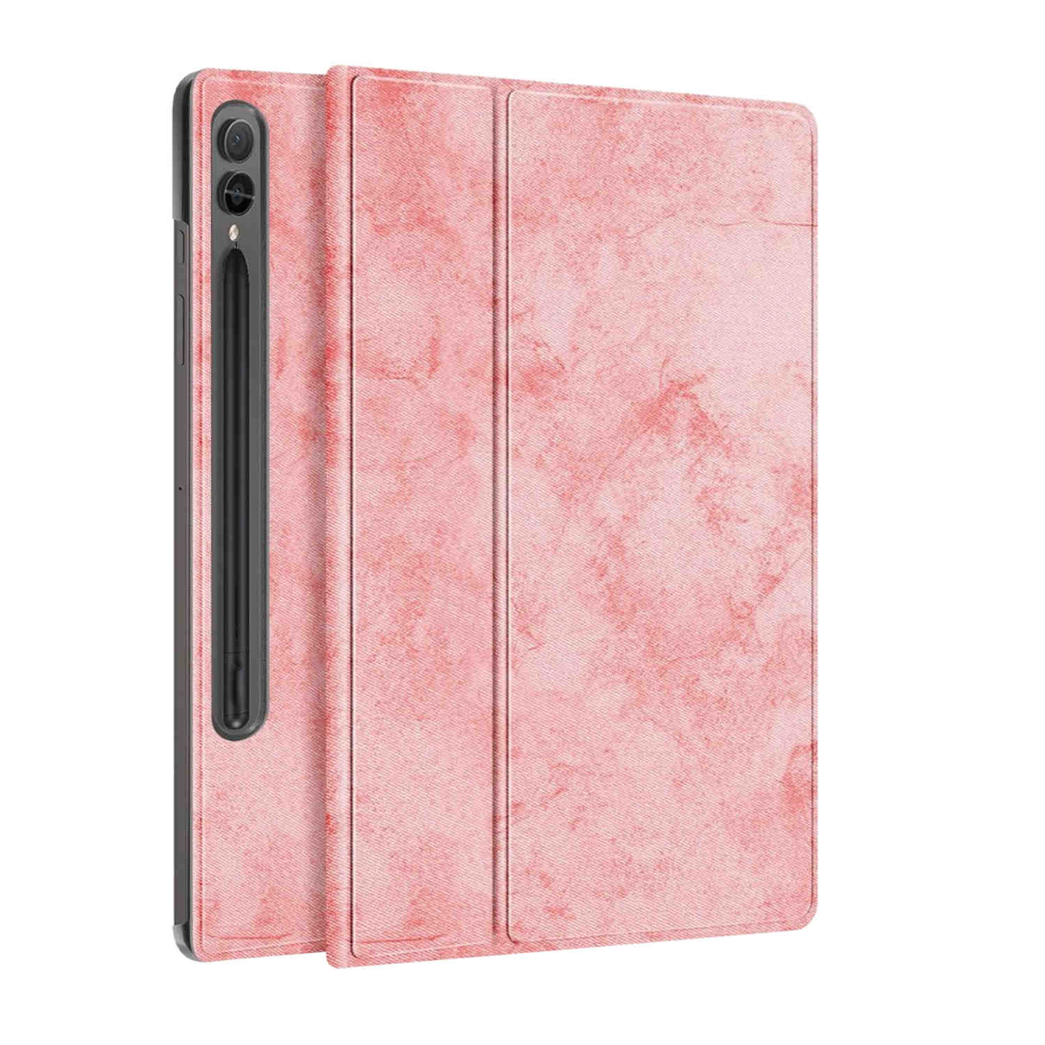 Eine rosa Tablet-Hülle mit Marmorstruktur und befestigtem Stift. Die Hülle ist gefaltet und geschlossen.