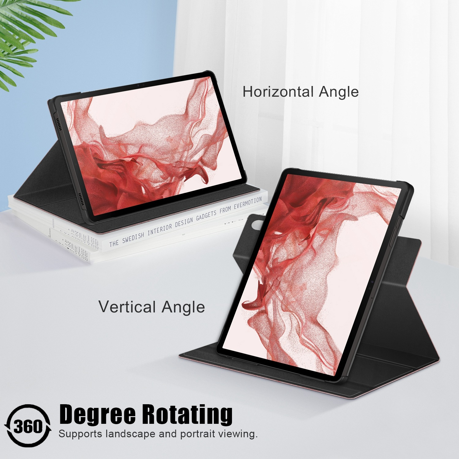 Zwei Tablets in schwarzen Hüllen in verschiedenen Winkeln auf weißer Oberfläche. Text über horizontale und vertikale Ansicht.