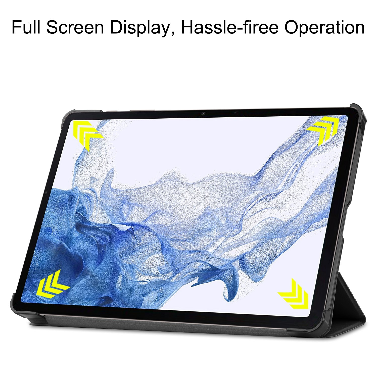 Ein Tablet in einer schwarzen Hülle. Der Bildschirm zeigt ein blaues Design mit Pfeilen zu den Rändern.