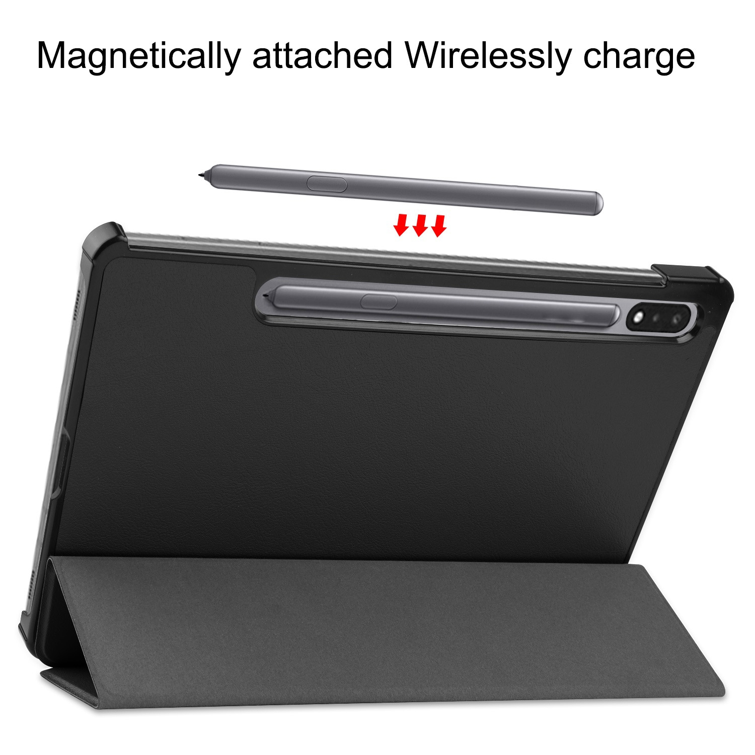 Ein schwarzes Tablet mit einem magnetisch befestigten Stift. Das Tablet befindet sich in einer schwarzen Hülle.