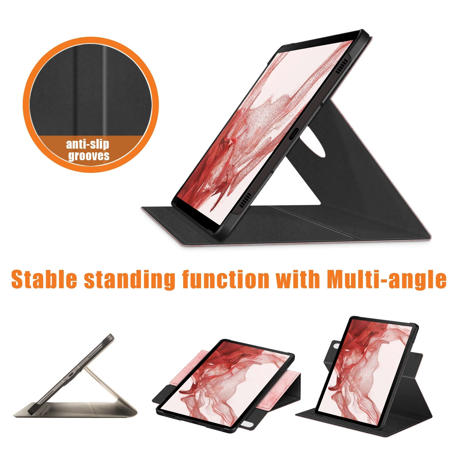 Tablet in schwarzem Gehäuse, in mehreren Positionen gezeigt. Anti-Rutsch-Rillen sind in einem Kreis.