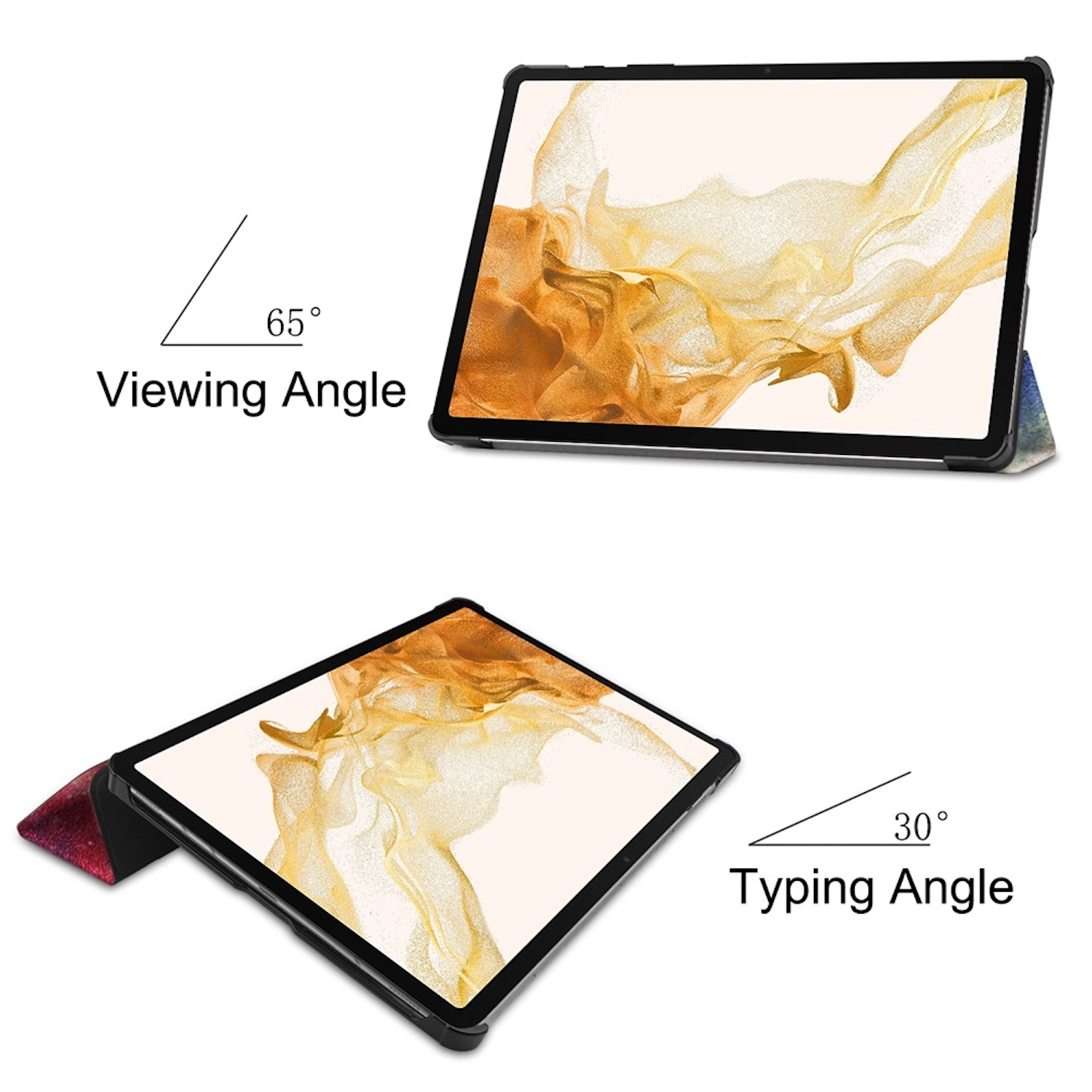Ein Tablet in einer Hülle in zwei Winkeln. Etiketten zeigen 65° Betrachtungswinkel und 30° Tippwinkel.