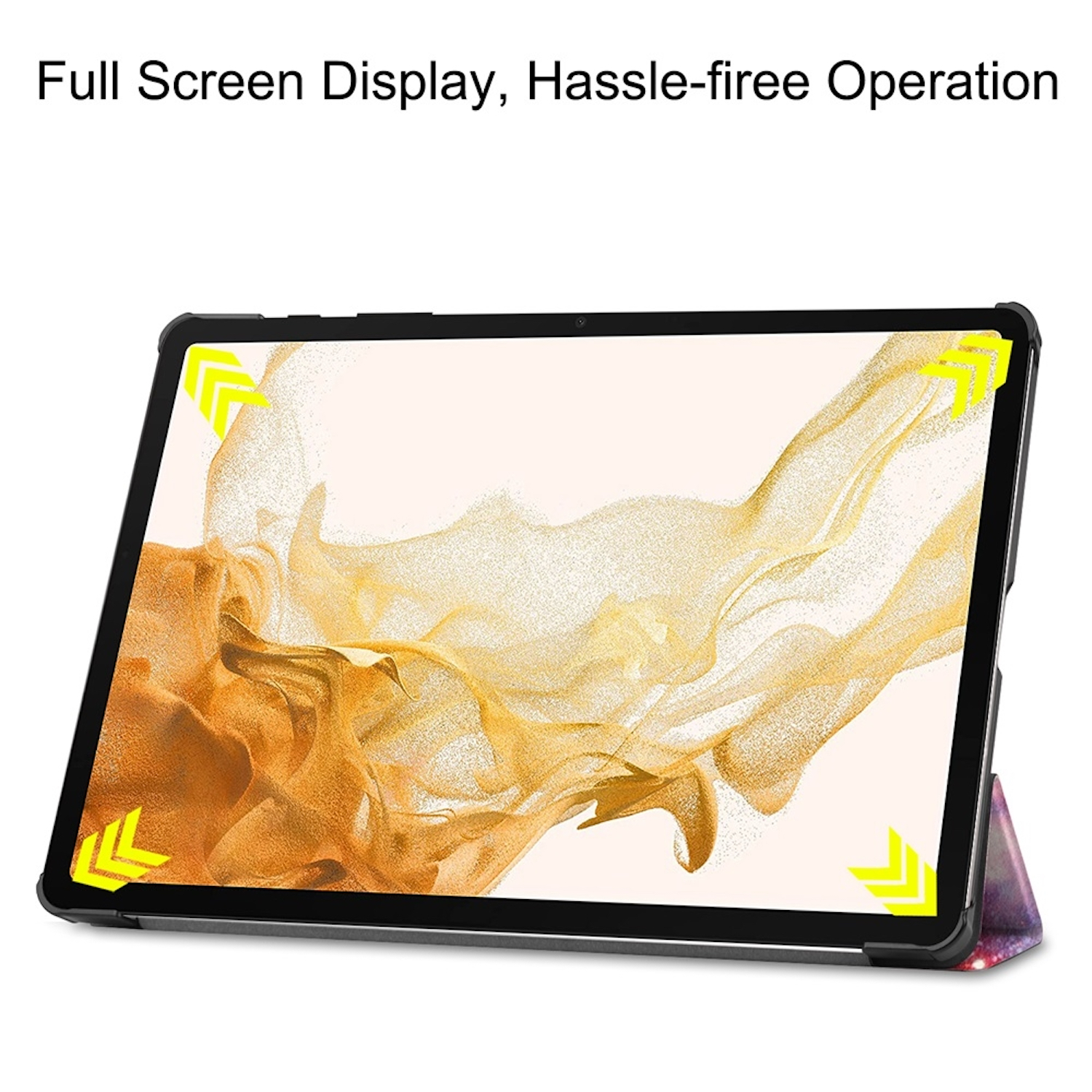 Tablet mit Vollbildanzeige, goldenes Muster, auf farbenfrohem Ständer.