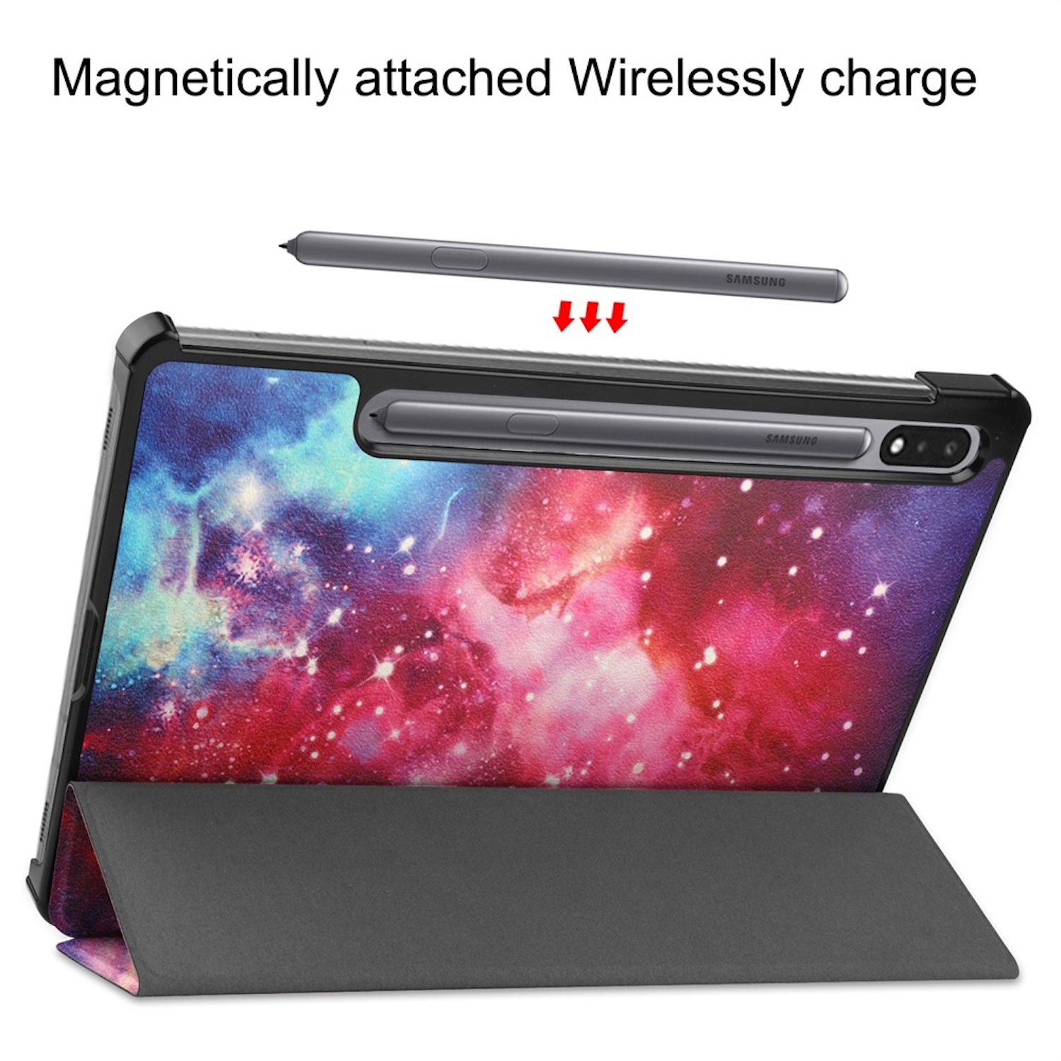 Tablet mit Galaxy-Design-Hülle und magnetisch befestigtem Stift. Text: Magnetisch befestigt, kabellos laden.