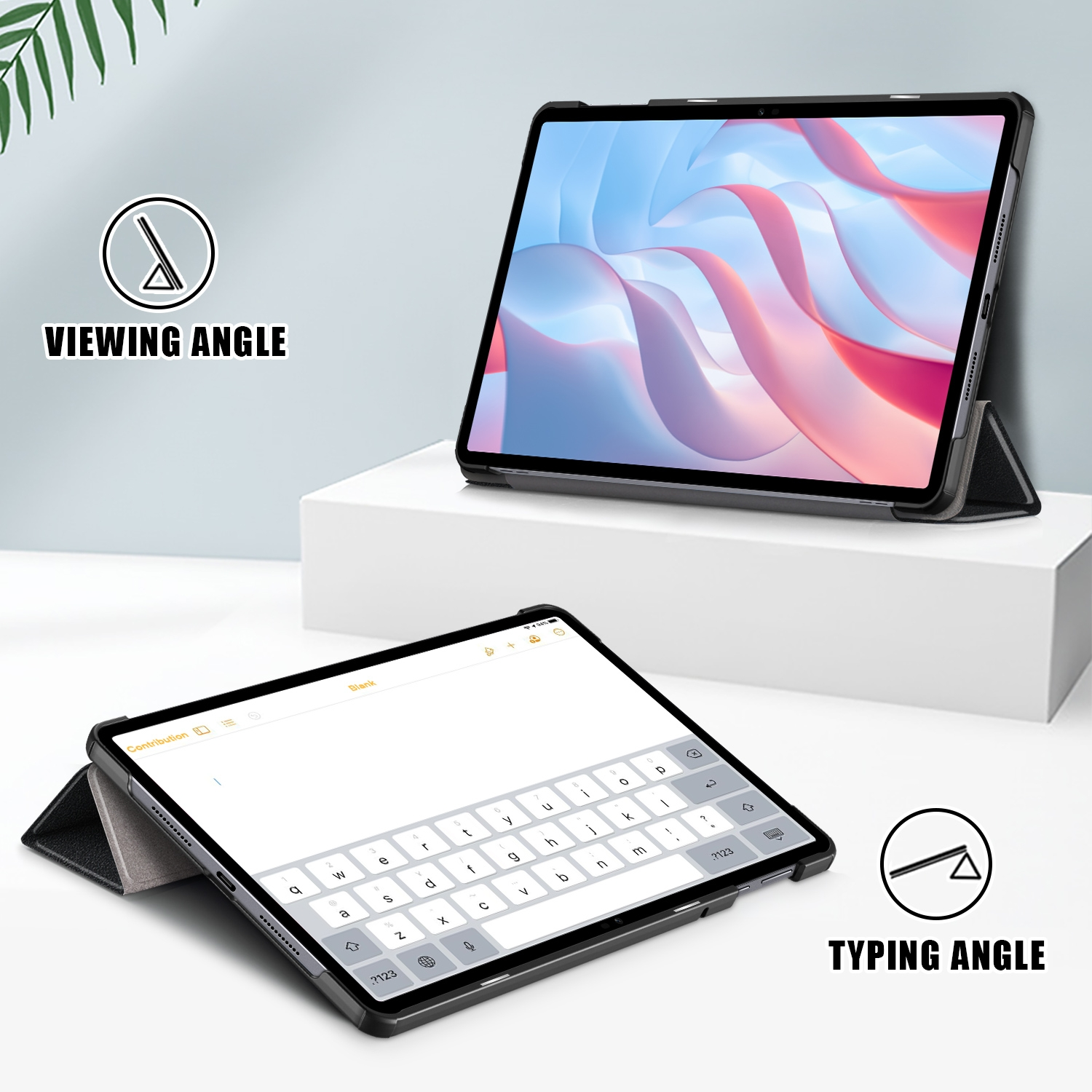 Tablet in einer schwarzen Hülle. Die Hülle wird zum Tippen und Betrachten verwendet. Es hat eine Tastatur und einen Ständer.