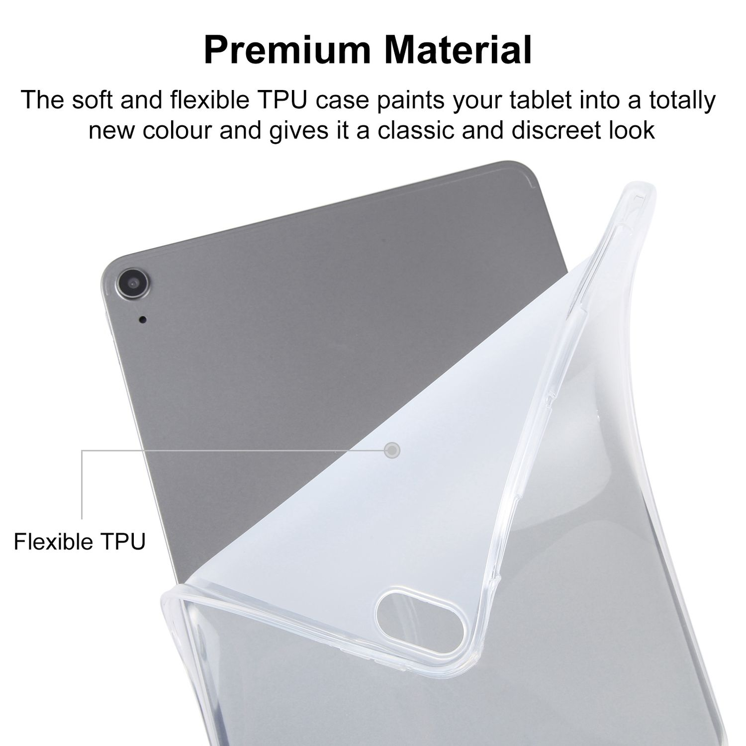 Tablet in einer transparenten Hülle, die Hülle ist flexibel und bedeckt das Tablet.
