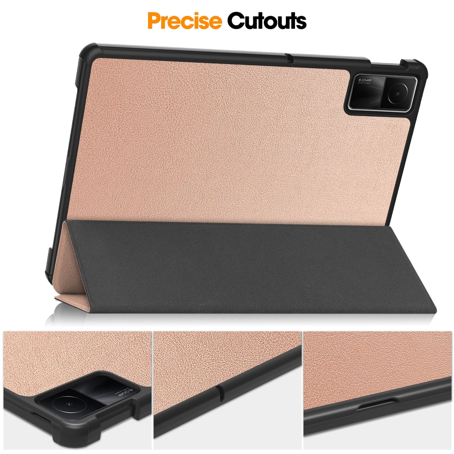 Tablet in roségoldenem Gehäuse, mit schwarzem Ständer. Text: 'Precise Cutouts'.