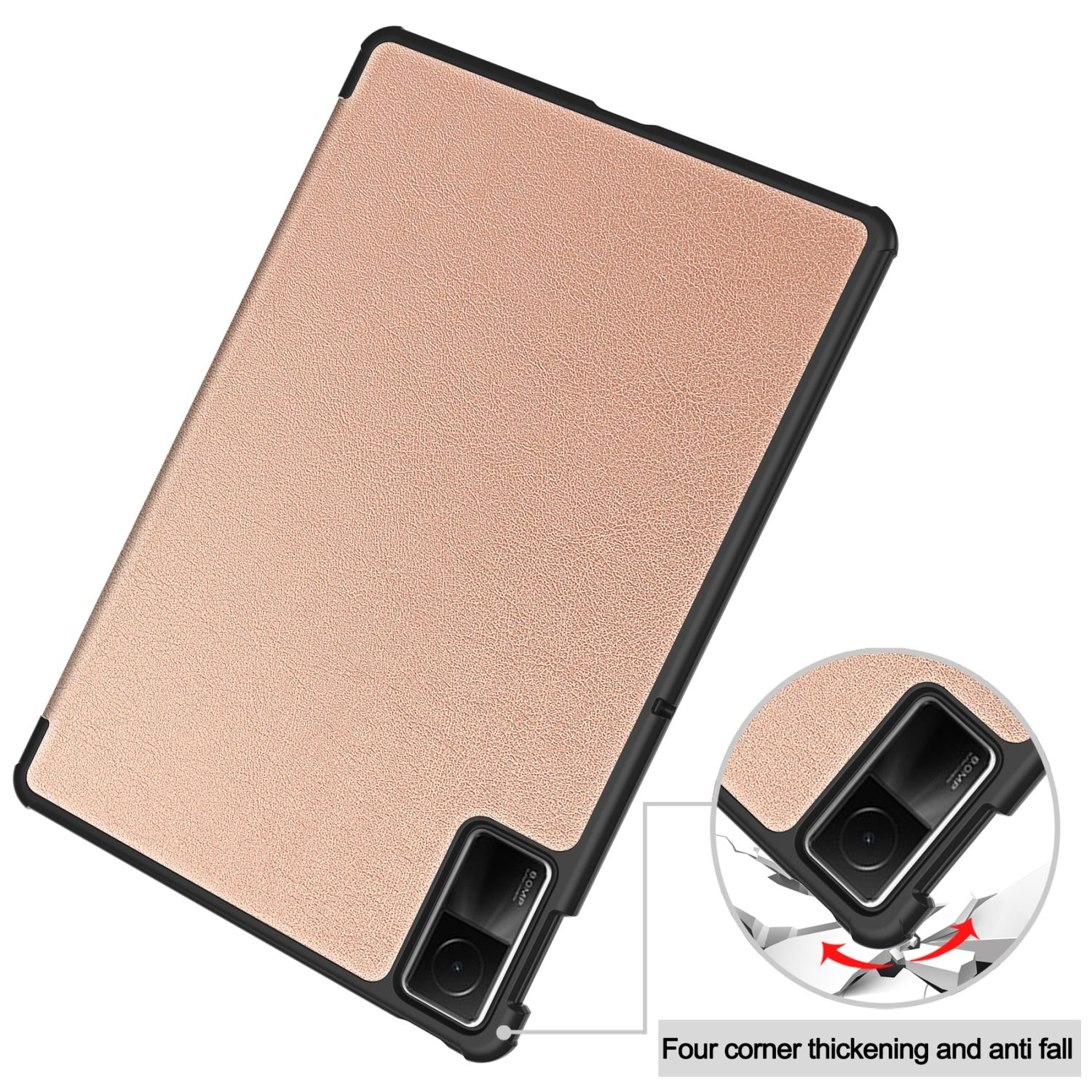 Tablet-Hülle, roségoldene Textur, mit Kameraausschnitten, Fallschutz.