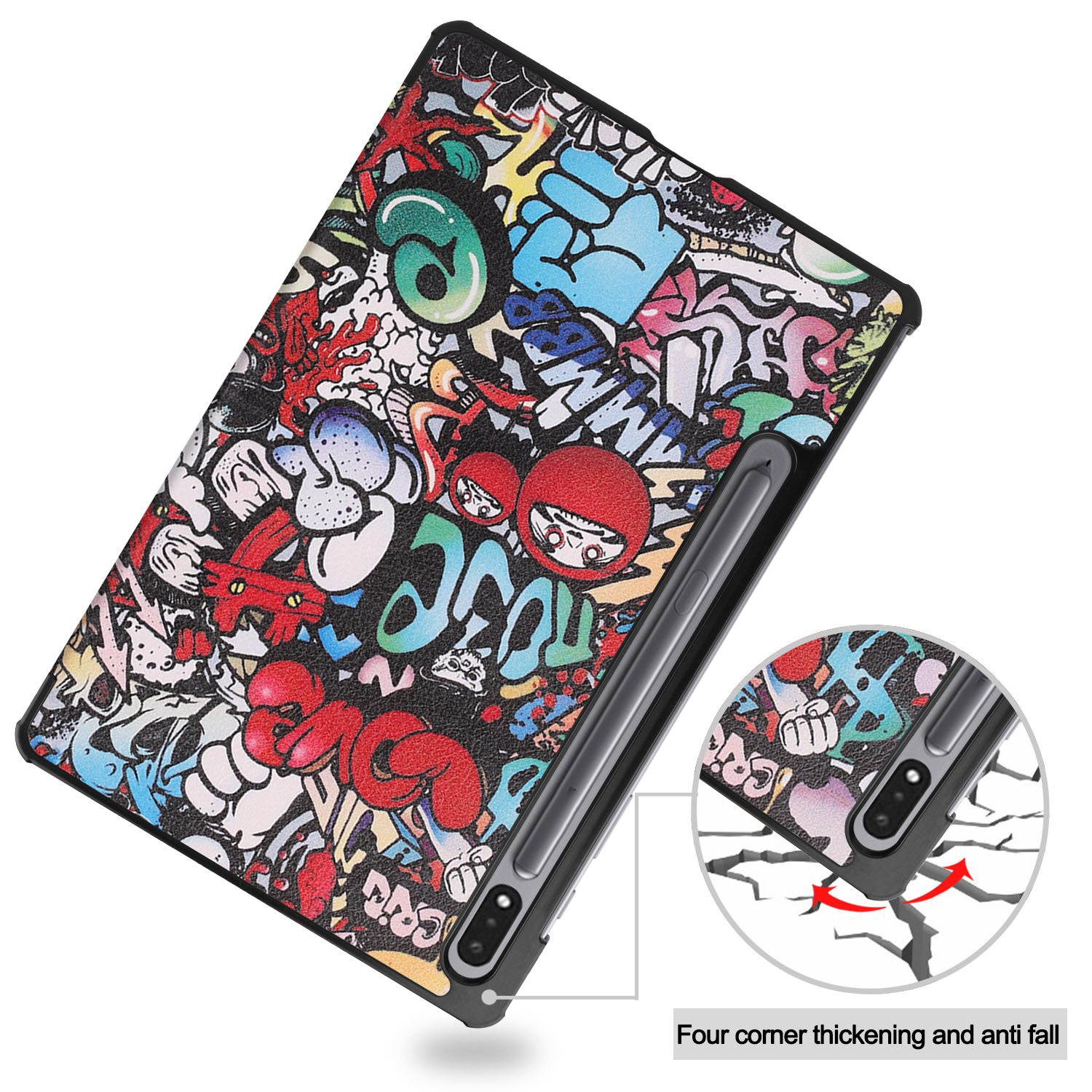 Eine Tablet-Hülle mit Graffiti-Kunst. Ein Stift ist an der Seite befestigt.