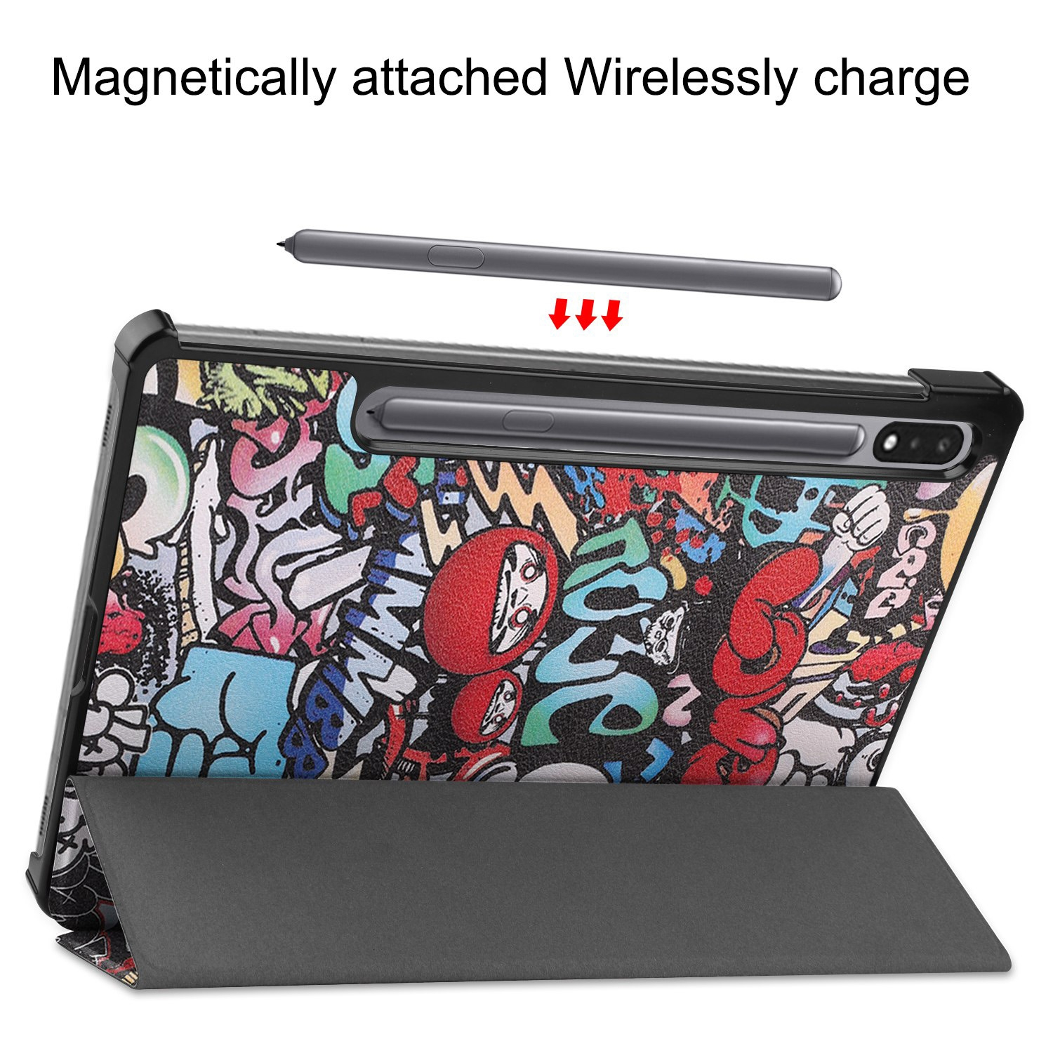 Ein Tablet in einer bunten Graffiti-Hülle mit magnetisch befestigtem Stift und Ständer.