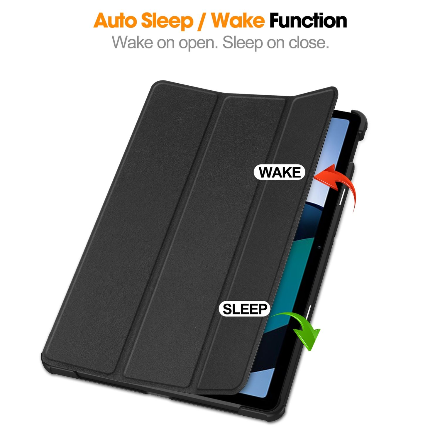 Schwarze Tablethülle. Die Hülle ist offen, mit den Worten 'WAKE' und 'SLEEP' zur Funktion.