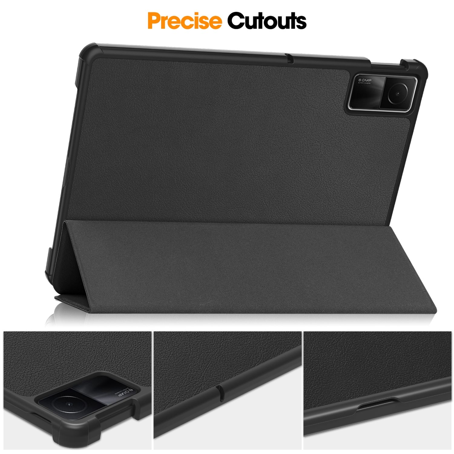 Geöffnete schwarze Tablethülle, die das Tablet und präzise Aussparungen zeigt. Die Hülle besteht aus strukturiertem Material.