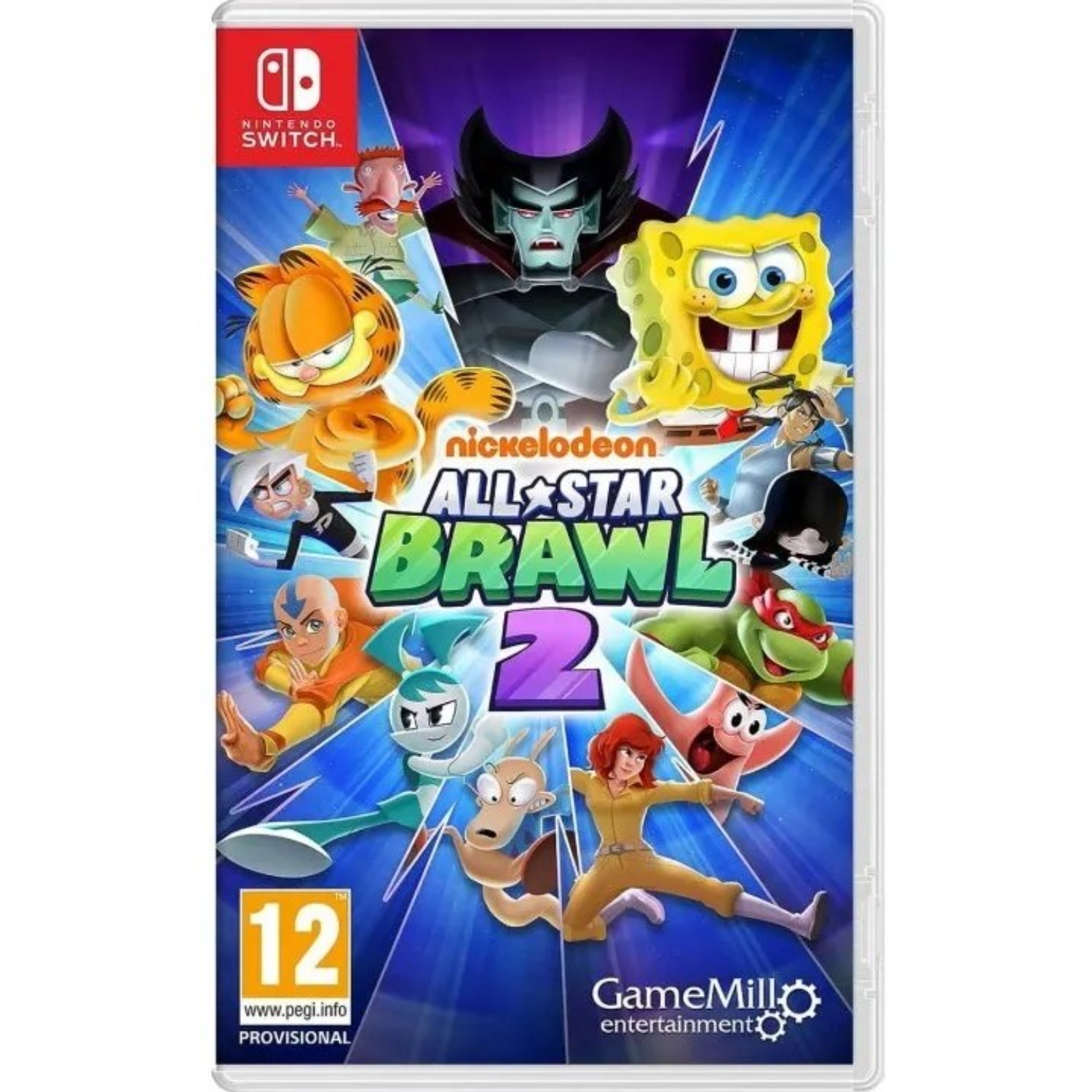 Okładka gry Nickelodeon All-Star Brawl 2. Zawiera różne postacie z kreskówek w pozie bojowej.