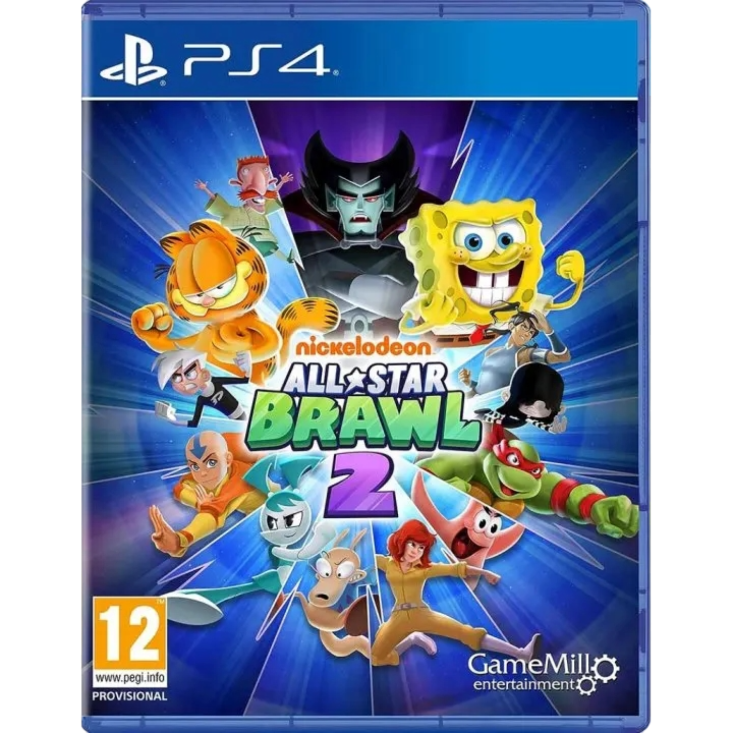 Nickelodeon All-Star Brawl 2 PS4-Spielhülle. Enthält Charaktere aus verschiedenen Cartoons.