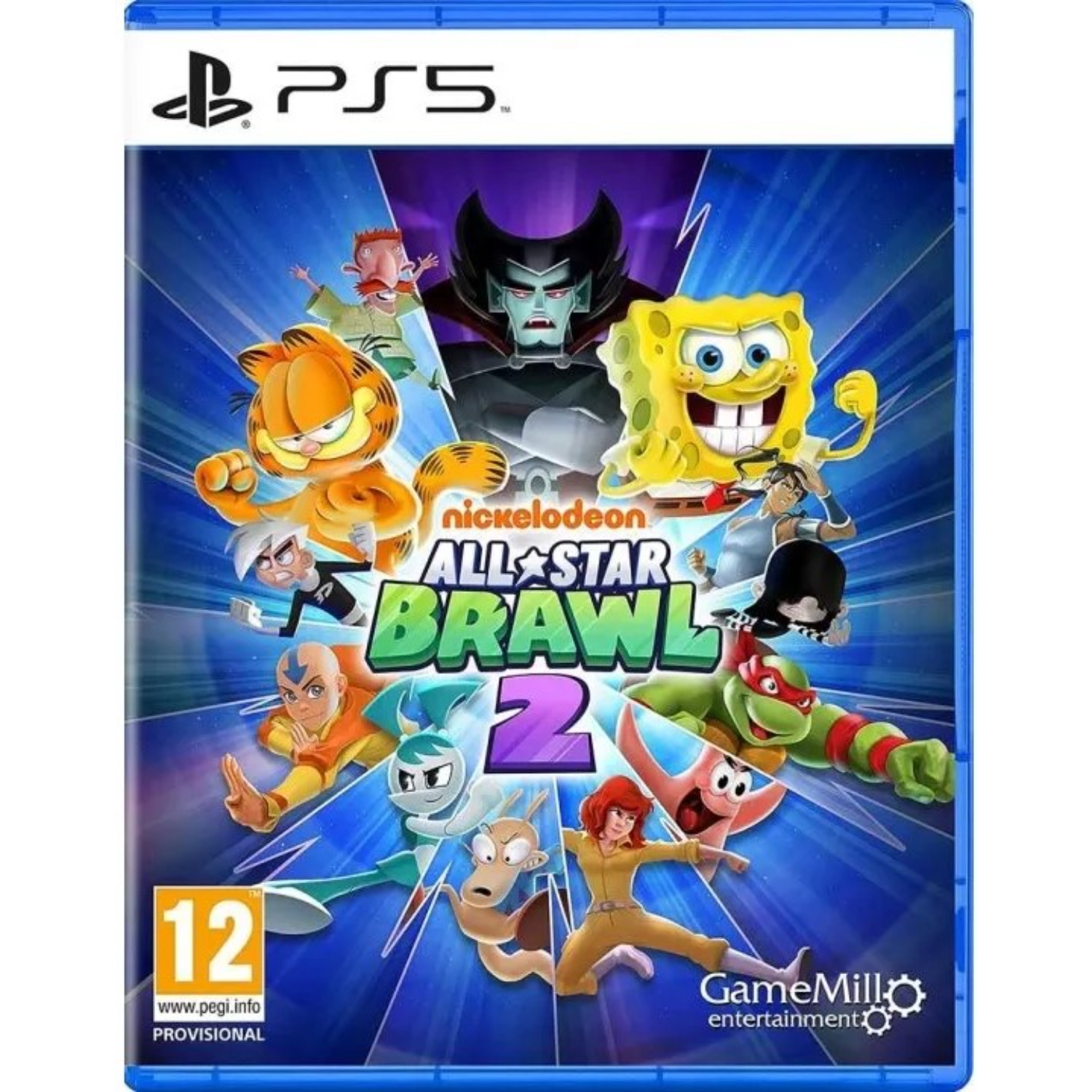 Pudełko gry PlayStation 5: Nickelodeon All-Star Brawl 2. Występują postacie z różnych programów Nickelodeon.
