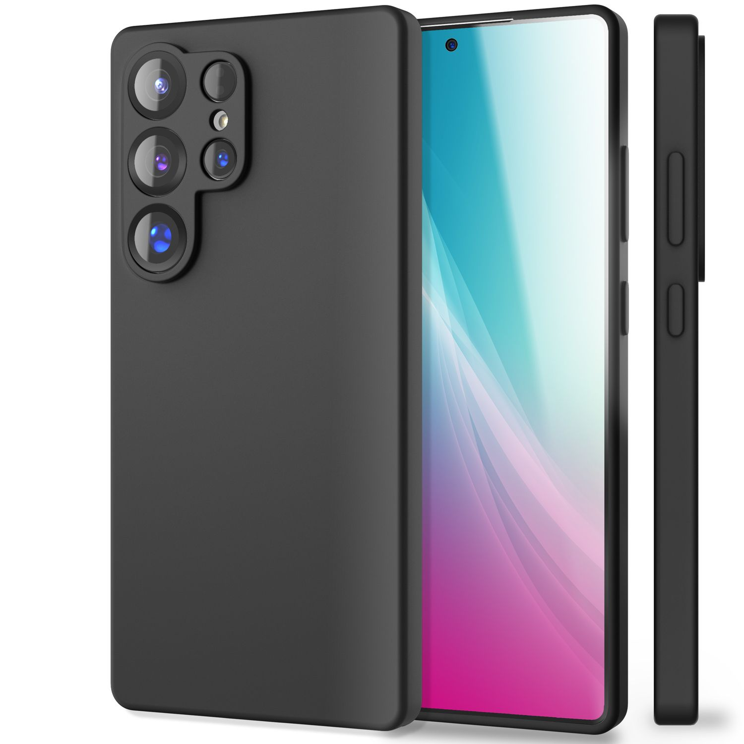 Eine schwarze Handyhülle mit Kameraausschnitt, zeigt die Rückseite und das Seitenprofil des Telefons.