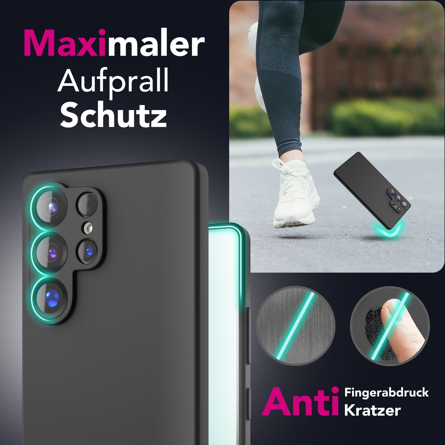 Schwarze Handyhülle mit Telefon, Person, die rennt, und Anti-Kratzer-Text.