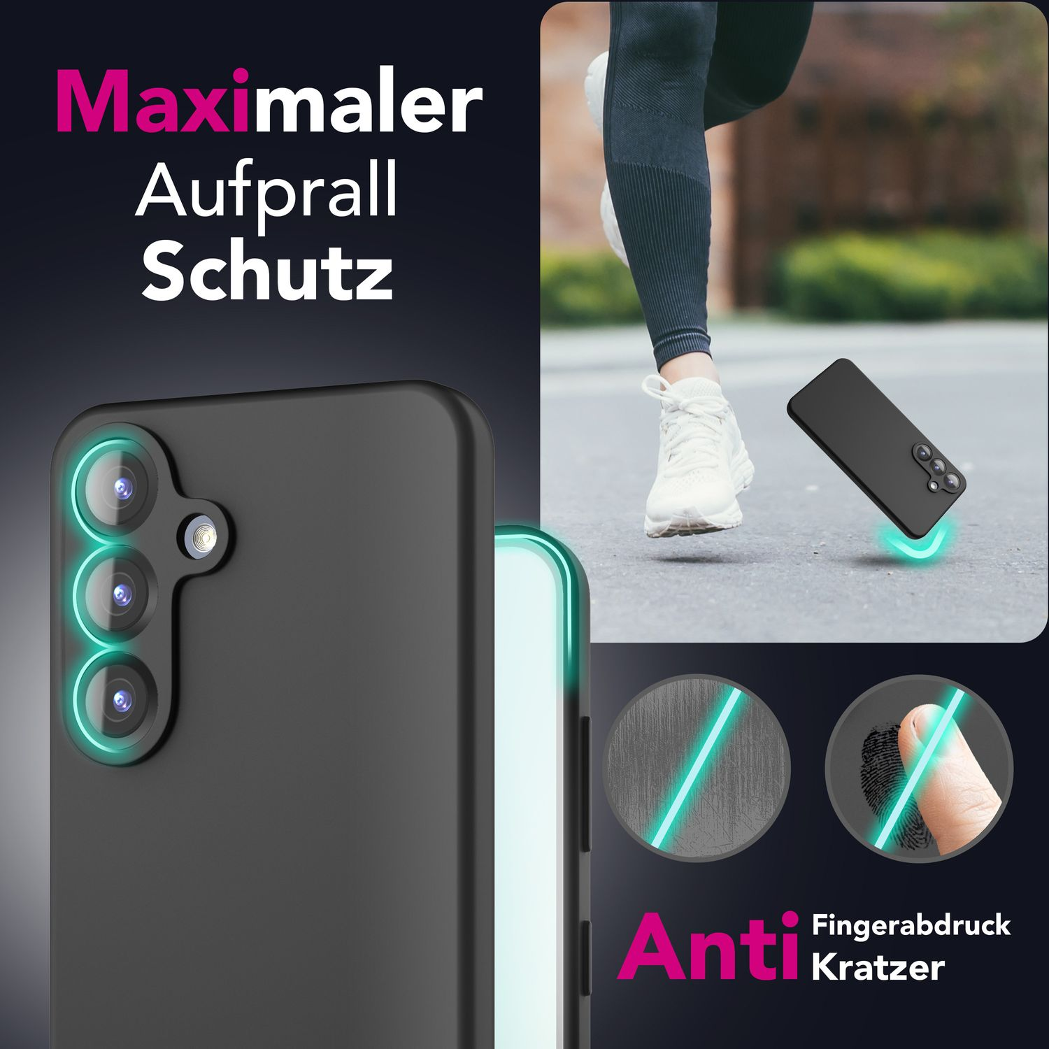 Telefon mit Hülle. Im Hintergrund läuft eine Person. Text: 'Maximaler Aufprall Schutz'.