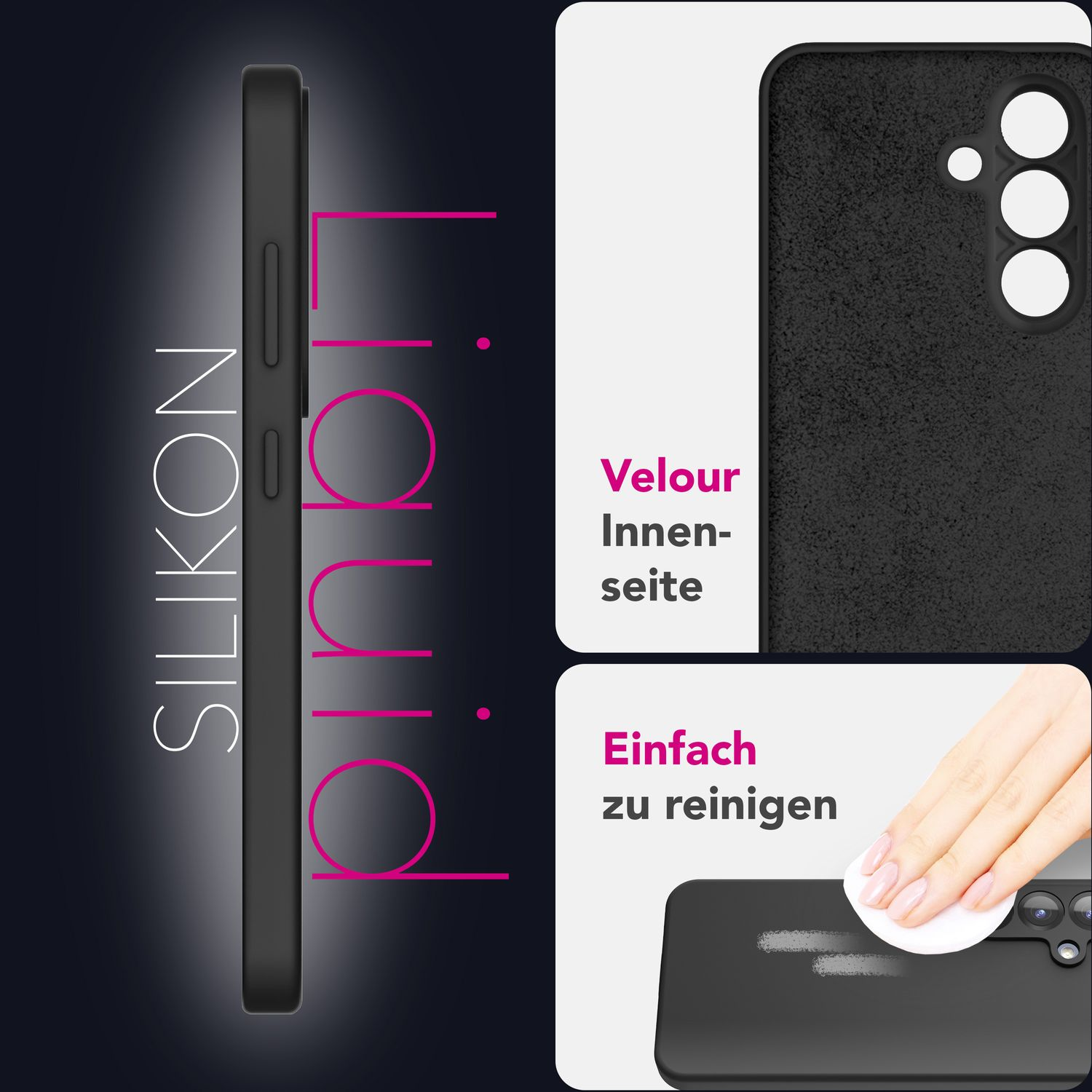 Eine schwarze Handyhülle mit weichem Innenraum und leicht zu reinigen.