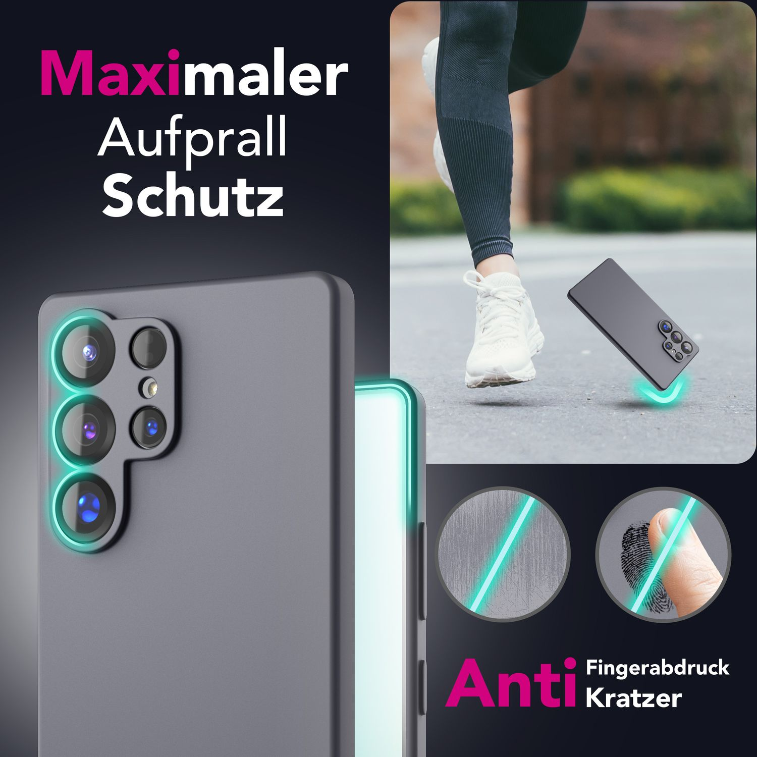 Eine Handyhülle wird mit einem Telefon darin gezeigt. Das Gehäuse wirbt mit seinen kratzfesten Eigenschaften.