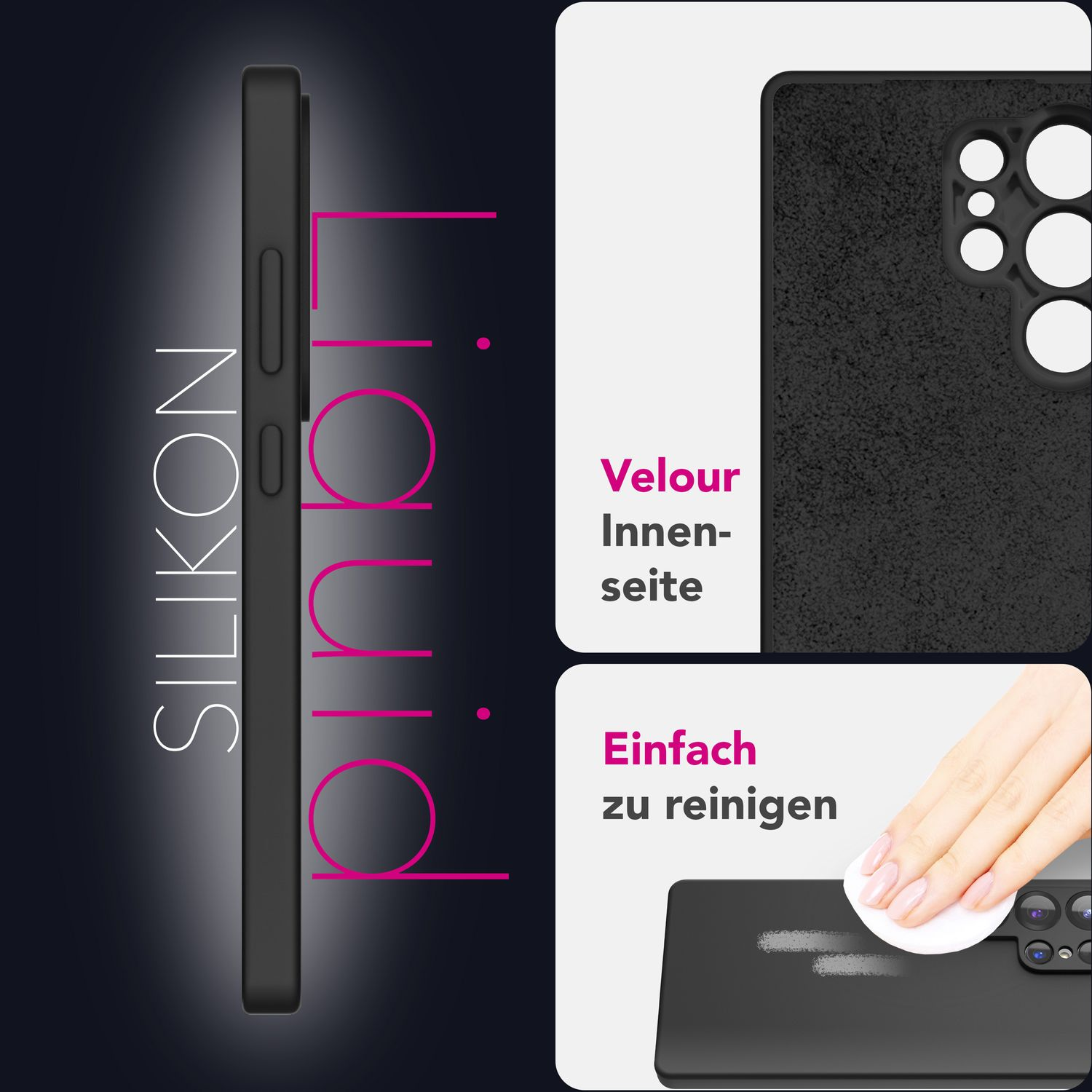 Schwarze Handyhülle mit rosa Flüssigkeitsdesign, zeigt Seite und Rückseite, leicht zu reinigen.
