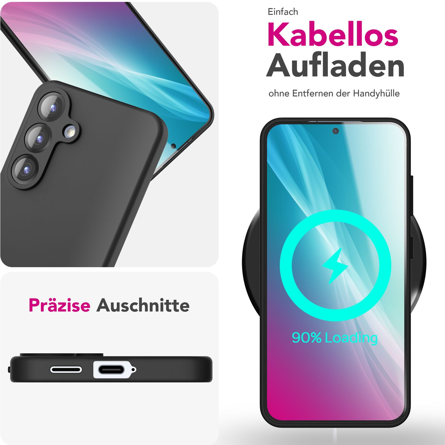 Nahaufnahme einer schwarzen Handyhülle und eines Telefons. Enthält ein Ladepad und das Aufladen des Telefons.