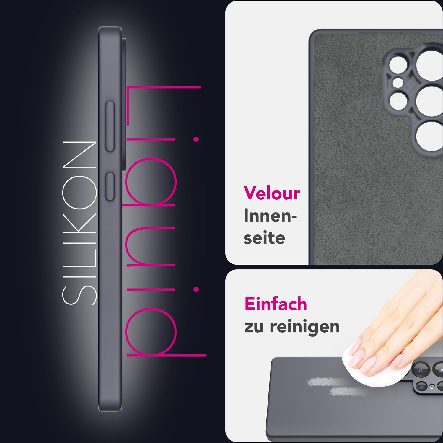 Ein Telefon-Case wird von der Seite und im Detail mit Velours im Inneren gezeigt. Der Text besagt, dass es leicht zu reinigen ist.