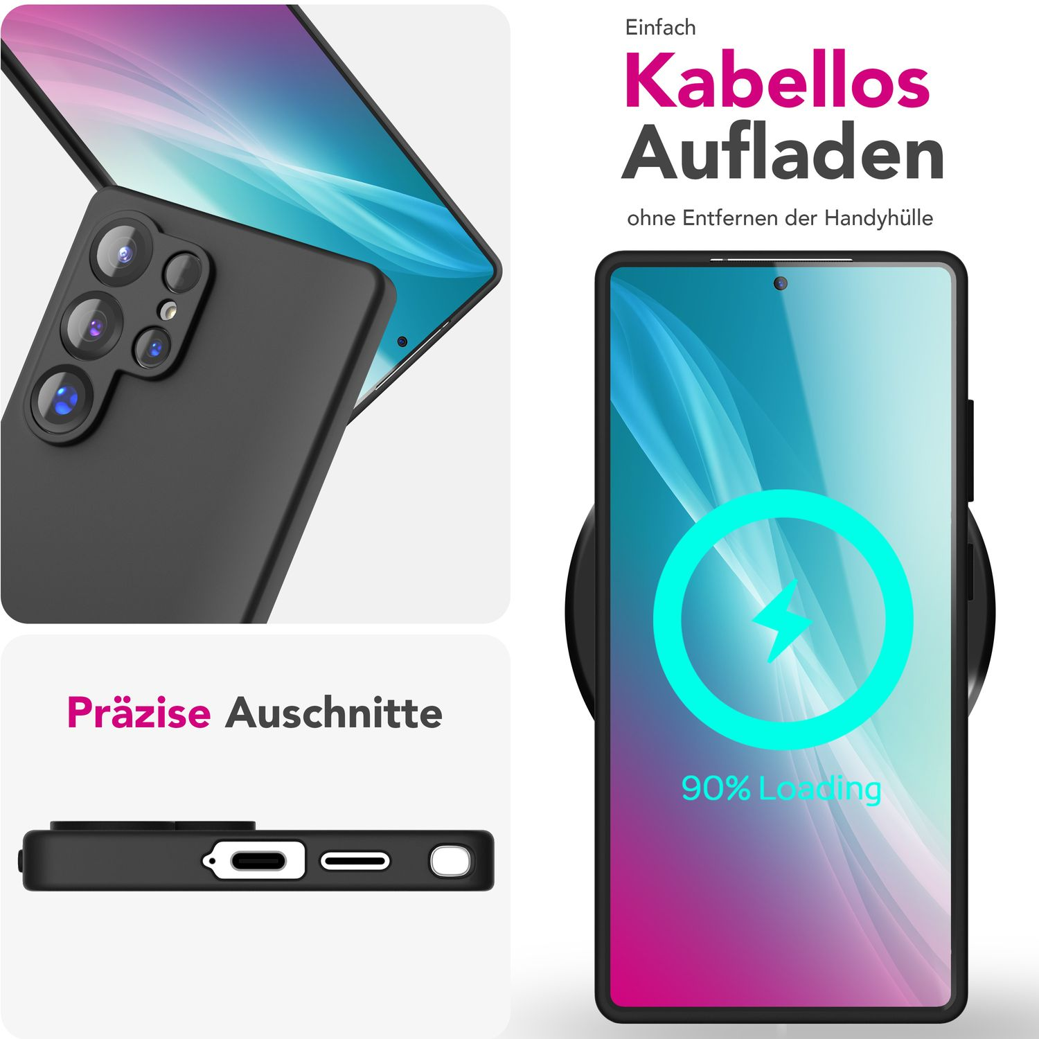 Telefon in einer Hülle mit Details zum kabellosen Laden. Nahaufnahmen der Anschlüsse und der Rückseite des Telefons mit Hülle.