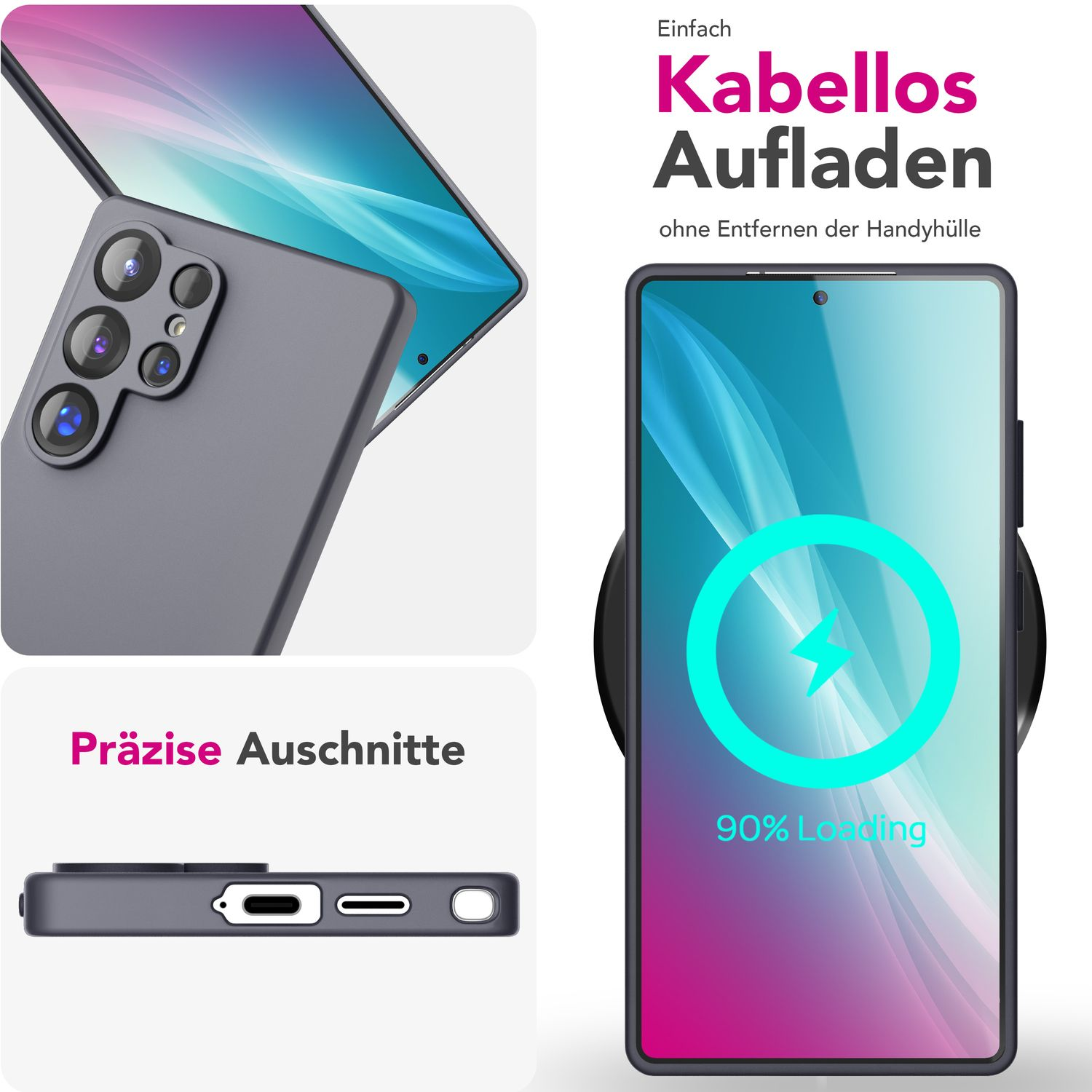 Nahaufnahme eines Telefons auf einem kabellosen Ladegerät. Telefonhülle, Ladeanzeige bei 90%.